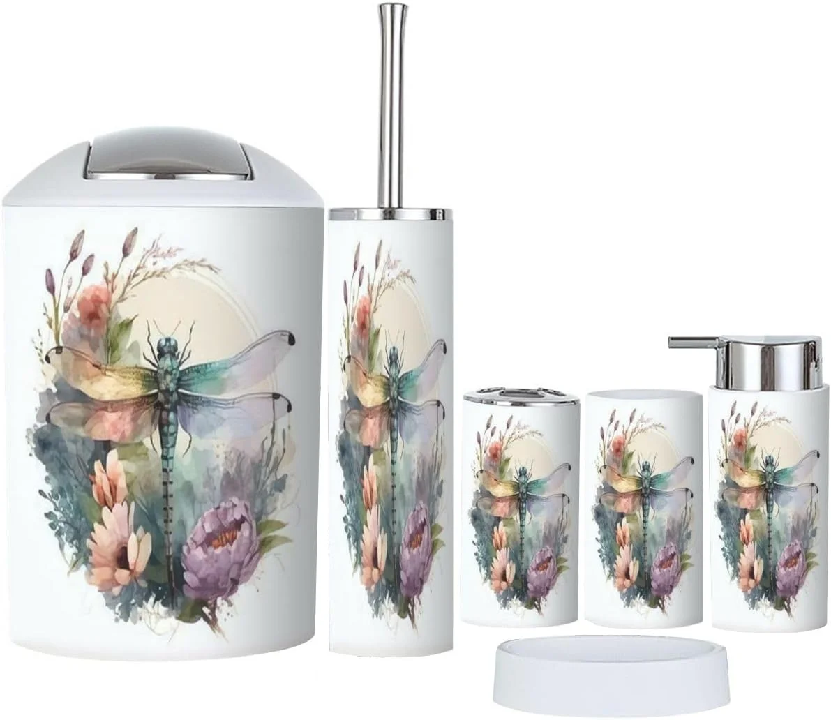 ست لوازم جانبی حمام XNGJEMVWXO طرح آبرنگی سنجاقک سفید، شامل جا مسواکی، لیوان مسواک، جای مایع دستشویی، جا صابونی، برس توالت و سطل زباله