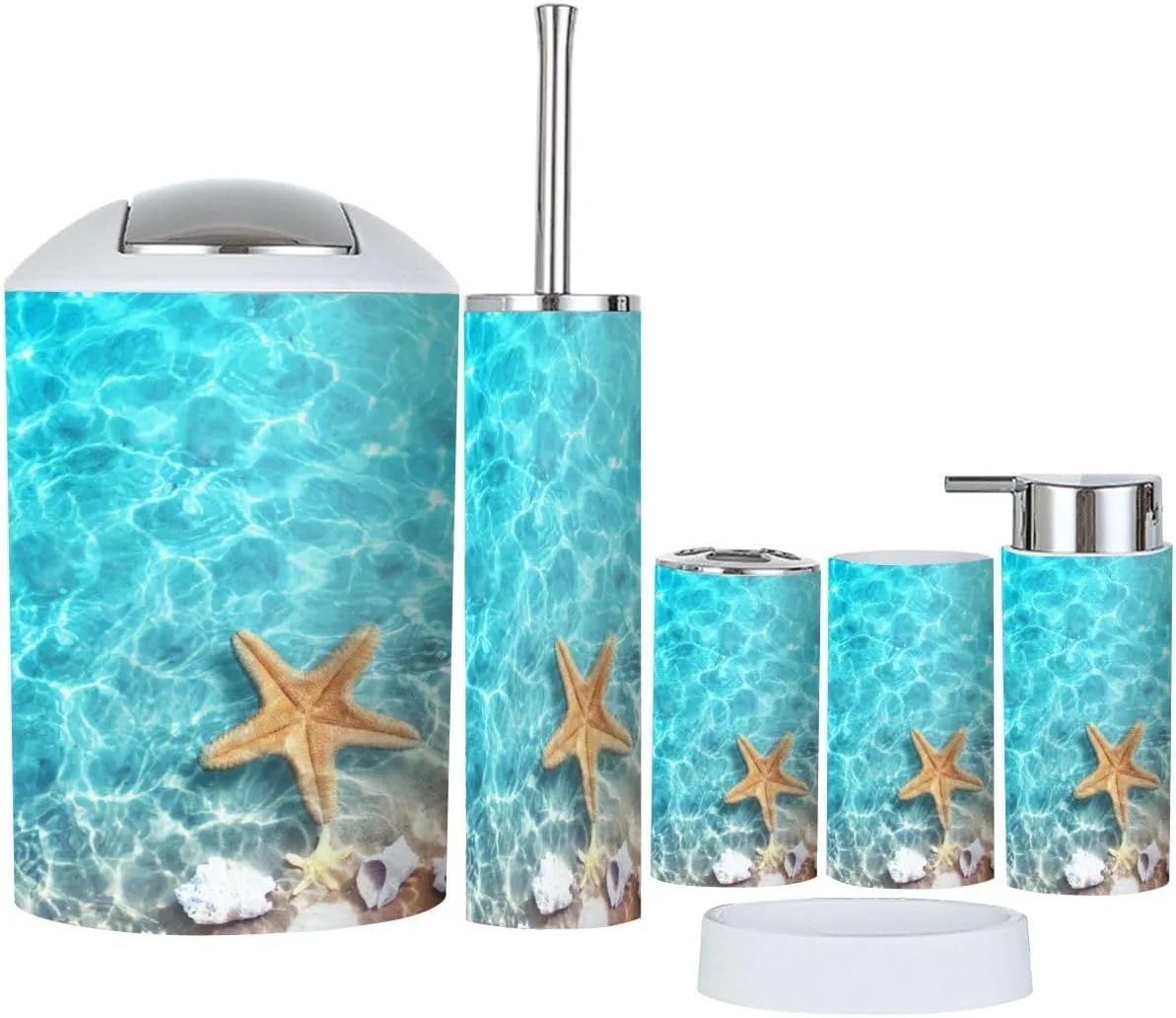 ست لوازم جانبی حمام 6 تکه طرح ستاره دریایی، صدف، ساحل تابستانی، آب دریا، جا مسواکی، لیوان مسواک، جا مایع صابون، جا صابونی، جا برس توالت، سطل زباله