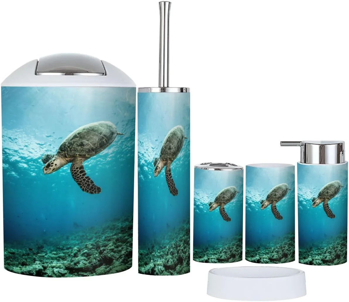 ست لوازم جانبی حمام XNGJEMVWXO، 6 تکه، طرح لاک پشت پالائو شامل جا مسواکی، لیوان مسواک، جا مایع صابون، جا صابونی، جا برس توالت و سطل زباله