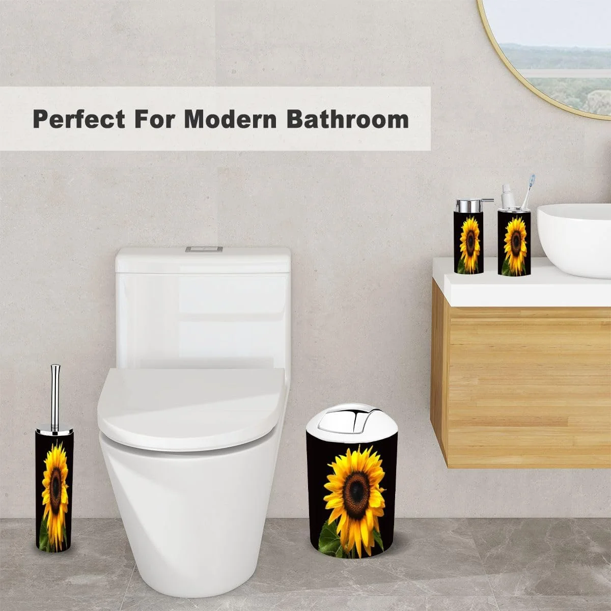 ست لوازم جانبی حمام XNGJEMVWXO، 6 تکه، طرح تک گل آفتابگردان مشکی شامل جا مسواکی، لیوان مسواک، جا مایع صابون، جا صابونی، جا برس توالت و سطل زباله ست لوازم جانبی حمام XNGJEMVWXO، 6 تکه، طرح تک گل آفتابگردان مشکی شامل جا مسواکی، لیوان مسواک، جا مایع صابون، جا صابونی، جا برس توالت و سطل زباله