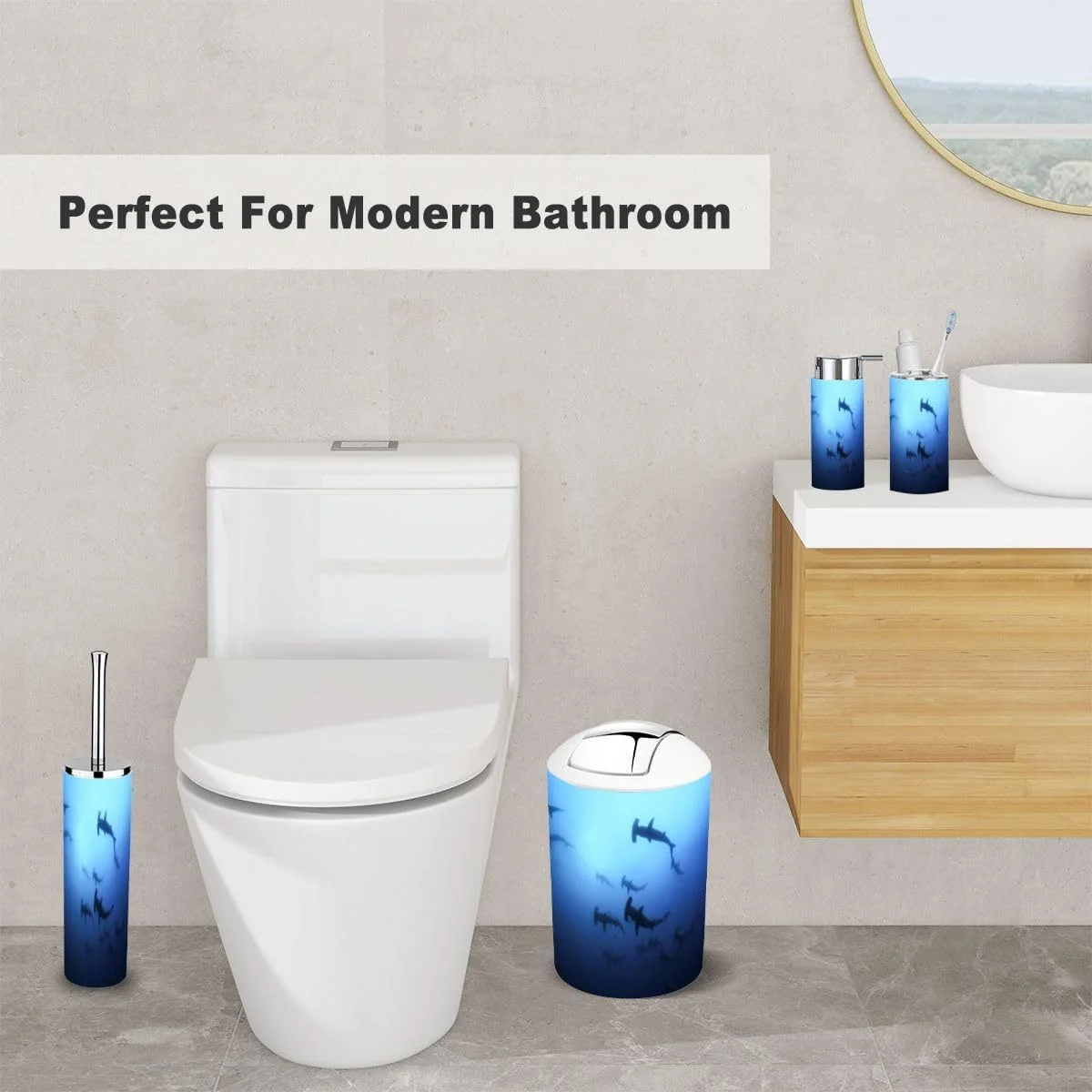 ست لوازم جانبی حمام 6 تکه طرح کوسه سرچکشی، کوسه پرستار، کوسه سفید شامل جا مسواکی، لیوان مسواک، جا مایع صابون، جا صابونی، جا برس توالت، سطل زباله، wunsKDnjyNjid-6j