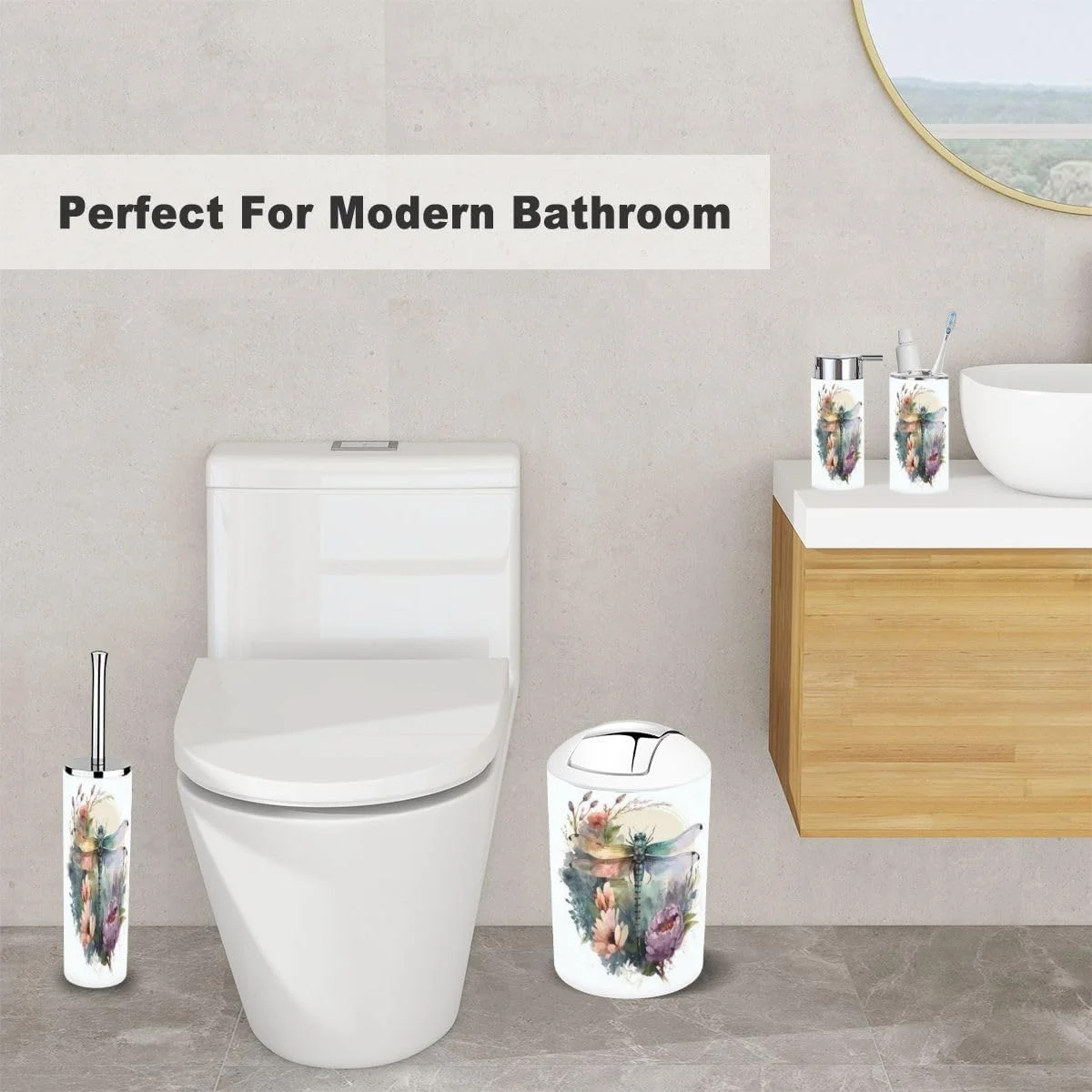 ست لوازم جانبی حمام XNGJEMVWXO طرح آبرنگی سنجاقک سفید، شامل جا مسواکی، لیوان مسواک، جای مایع دستشویی، جا صابونی، برس توالت و سطل زباله ست لوازم جانبی حمام XNGJEMVWXO طرح آبرنگی سنجاقک سفید، شامل جا مسواکی، لیوان مسواک، جای مایع دستشویی، جا صابونی، برس توالت و سطل زباله