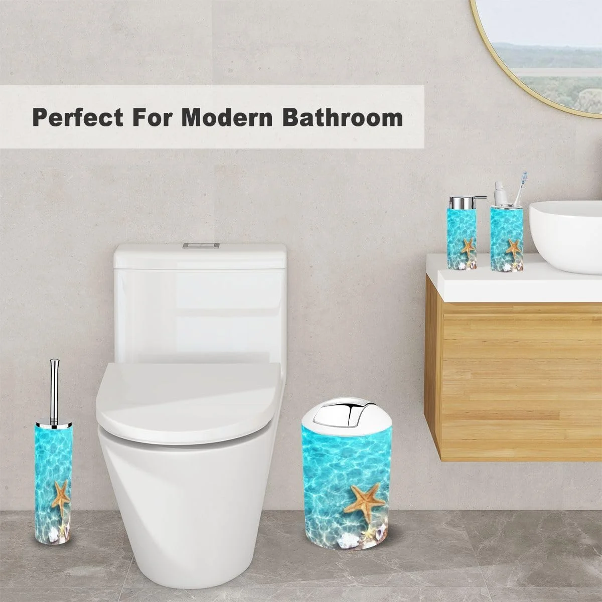 ست لوازم جانبی حمام 6 تکه طرح ستاره دریایی، صدف، ساحل تابستانی، آب دریا، جا مسواکی، لیوان مسواک، جا مایع صابون، جا صابونی، جا برس توالت، سطل زباله