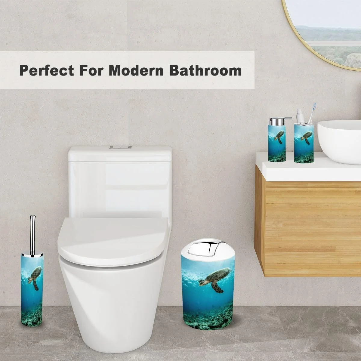 ست لوازم جانبی حمام XNGJEMVWXO، 6 تکه، طرح لاک پشت پالائو شامل جا مسواکی، لیوان مسواک، جا مایع صابون، جا صابونی، جا برس توالت و سطل زباله ست لوازم جانبی حمام XNGJEMVWXO، 6 تکه، طرح لاک پشت پالائو شامل جا مسواکی، لیوان مسواک، جا مایع صابون، جا صابونی، جا برس توالت و سطل زباله