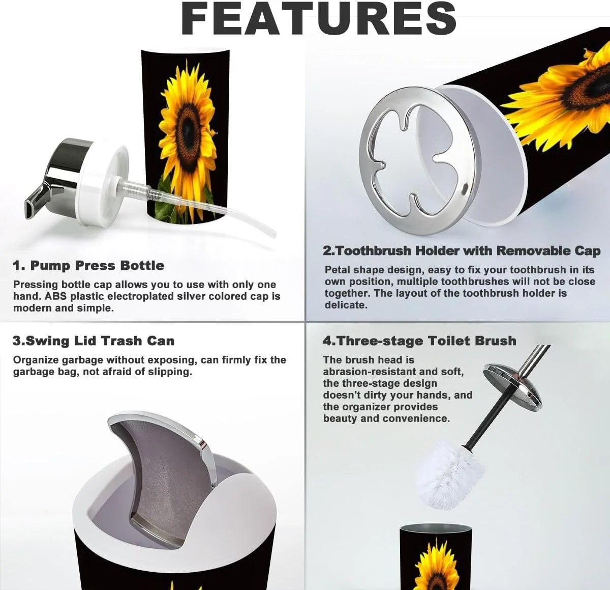 ست لوازم جانبی حمام XNGJEMVWXO، 6 تکه، طرح آفتابگردان تکی مشکی شامل جا مسواکی، لیوان مسواک، جا مایع صابون، جا صابونی، جا برس توالت و سطل زباله ست لوازم جانبی حمام XNGJEMVWXO، 6 تکه، طرح آفتابگردان تکی مشکی شامل جا مسواکی، لیوان مسواک، جا مایع صابون، جا صابونی، جا برس توالت و سطل زباله