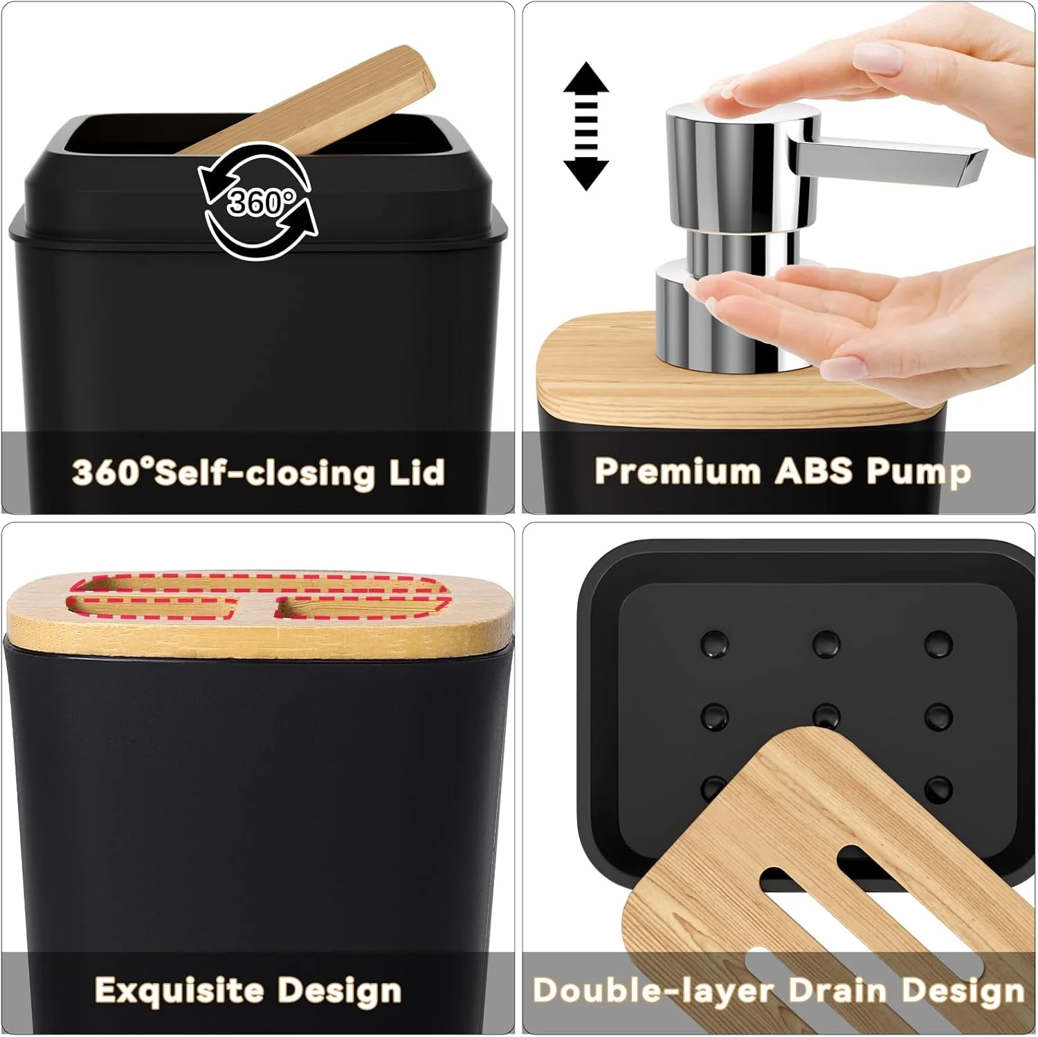 ست لوازم حمام XLHOMO با پرده حمام و پادری، ست 24 تکه مشکی با سطل زباله و لوازم جانبی