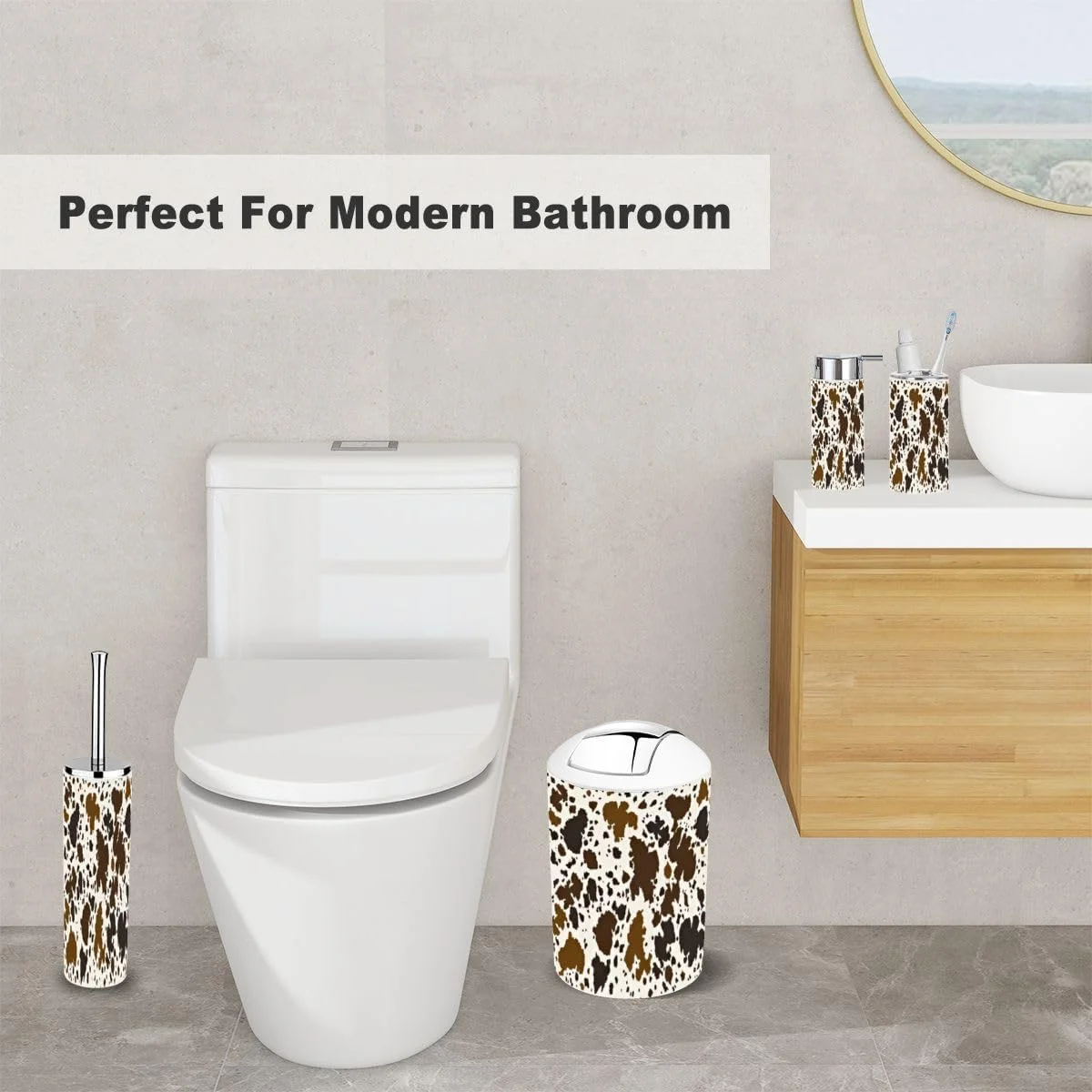 ست لوازم جانبی حمام 6 تکه طرح چرم گاوی قهوه ای شامل جا مسواکی، لیوان مسواک، جا مایع صابون، جا صابونی، جا برس توالت، سطل زباله مناسب دکوراسیون روستیک ست لوازم جانبی حمام 6 تکه طرح چرم گاوی قهوه ای شامل جا مسواکی، لیوان مسواک، جا مایع صابون، جا صابونی، جا برس توالت، سطل زباله مناسب دکوراسیون روستیک