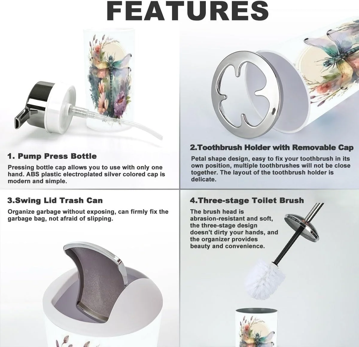 ست لوازم جانبی حمام XNGJEMVWXO طرح آبرنگی سنجاقک سفید، شامل جا مسواکی، لیوان مسواک، جای مایع دستشویی، جا صابونی، برس توالت و سطل زباله ست لوازم جانبی حمام XNGJEMVWXO طرح آبرنگی سنجاقک سفید، شامل جا مسواکی، لیوان مسواک، جای مایع دستشویی، جا صابونی، برس توالت و سطل زباله