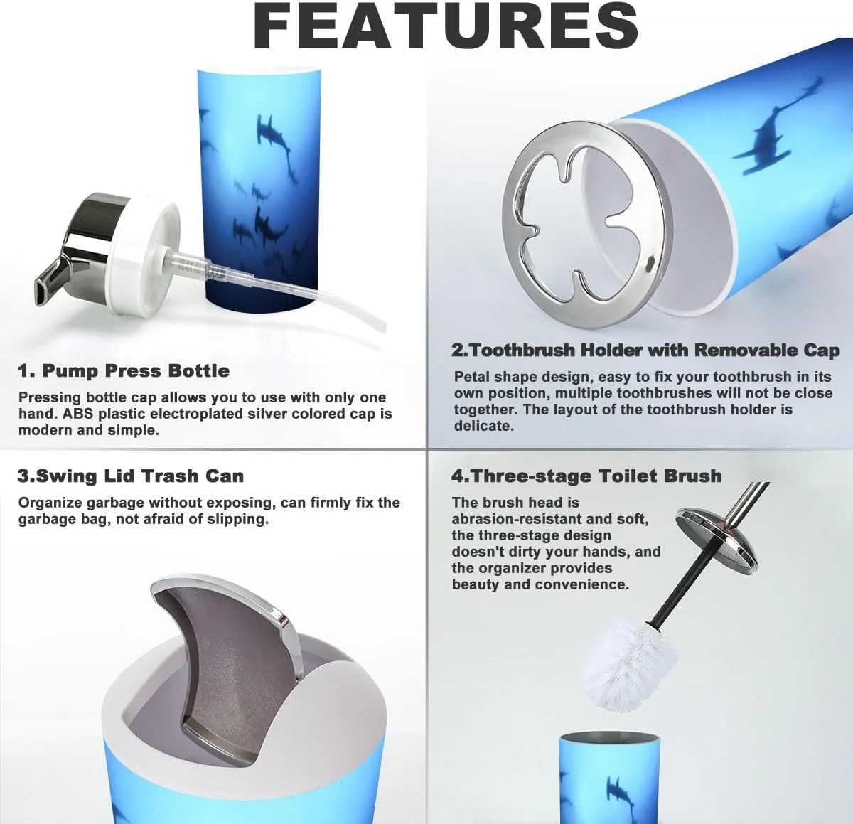 ست لوازم جانبی حمام 6 تکه طرح کوسه سرچکشی، کوسه پرستار، کوسه سفید شامل جا مسواکی، لیوان مسواک، جا مایع صابون، جا صابونی، جا برس توالت، سطل زباله، wunsKDnjyNjid-6j