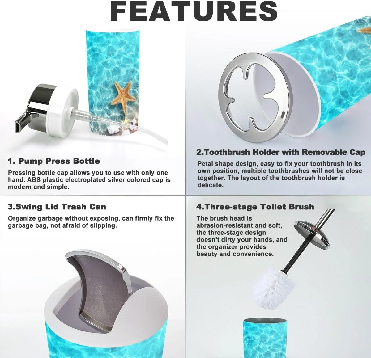 ست لوازم جانبی حمام 6 تکه طرح ستاره دریایی، صدف، ساحل تابستانی، آب دریا، جا مسواکی، لیوان مسواک، جا مایع صابون، جا صابونی، جا برس توالت، سطل زباله