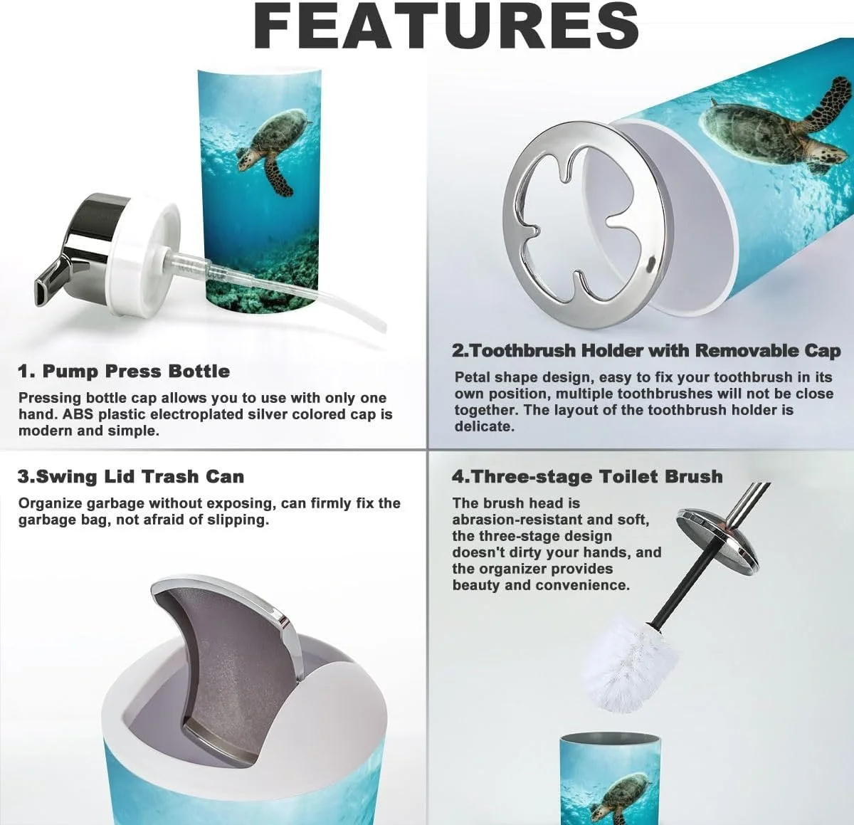 ست لوازم جانبی حمام XNGJEMVWXO، 6 تکه، طرح لاک پشت پالائو شامل جا مسواکی، لیوان مسواک، جا مایع صابون، جا صابونی، جا برس توالت و سطل زباله ست لوازم جانبی حمام XNGJEMVWXO، 6 تکه، طرح لاک پشت پالائو شامل جا مسواکی، لیوان مسواک، جا مایع صابون، جا صابونی، جا برس توالت و سطل زباله