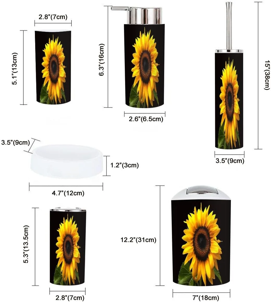ست لوازم جانبی حمام 6 تکه طرح آفتابگردان مشکی شامل جا مسواکی، لیوان مسواک، جا مایع صابون، جا صابونی، برس توالت، سطل زباله ست لوازم جانبی حمام 6 تکه طرح آفتابگردان مشکی شامل جا مسواکی، لیوان مسواک، جا مایع صابون، جا صابونی، برس توالت، سطل زباله