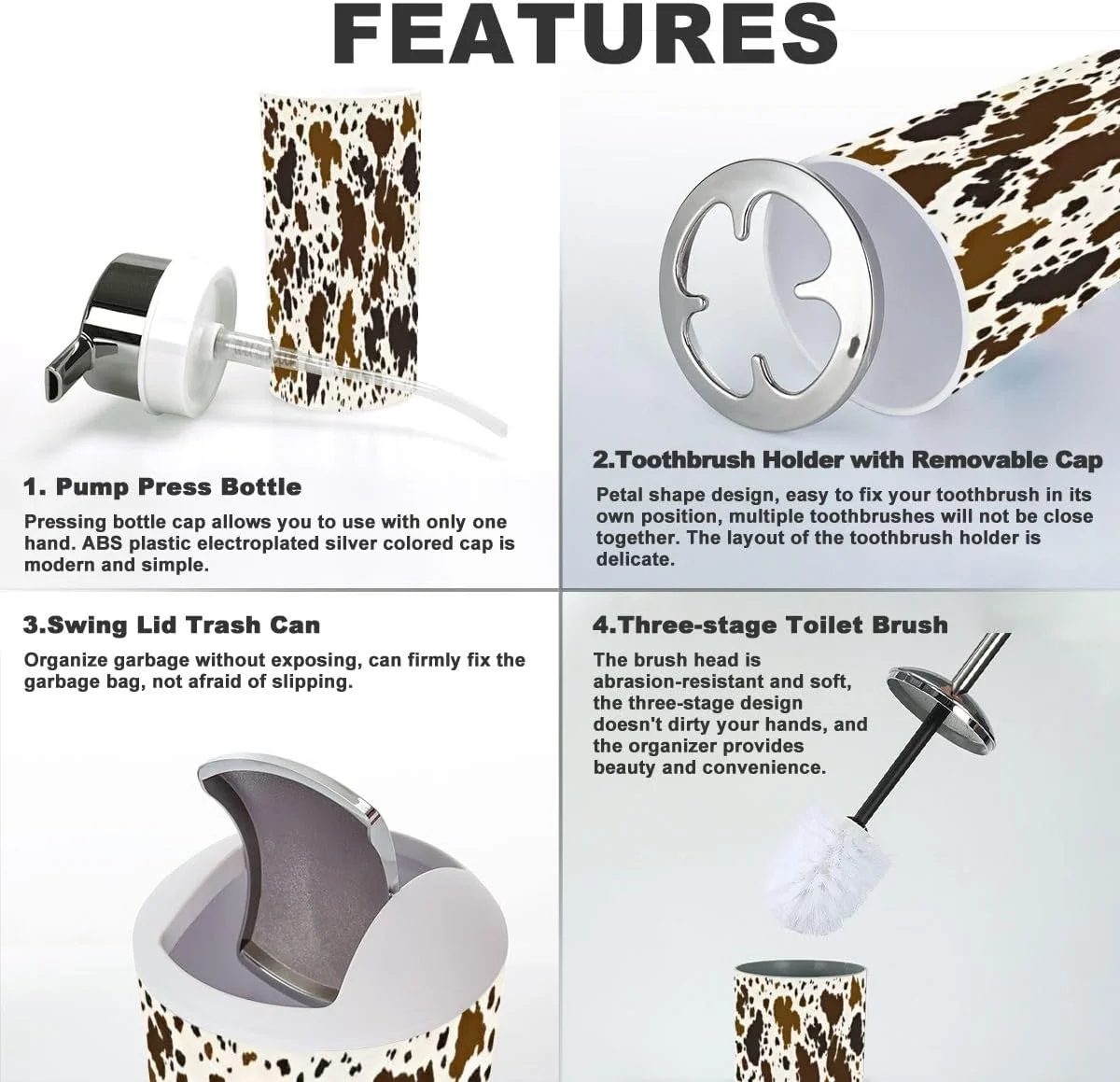 ست لوازم جانبی حمام 6 تکه طرح چرم گاوی قهوه ای شامل جا مسواکی، لیوان مسواک، جا مایع صابون، جا صابونی، جا برس توالت، سطل زباله مناسب دکوراسیون روستیک ست لوازم جانبی حمام 6 تکه طرح چرم گاوی قهوه ای شامل جا مسواکی، لیوان مسواک، جا مایع صابون، جا صابونی، جا برس توالت، سطل زباله مناسب دکوراسیون روستیک