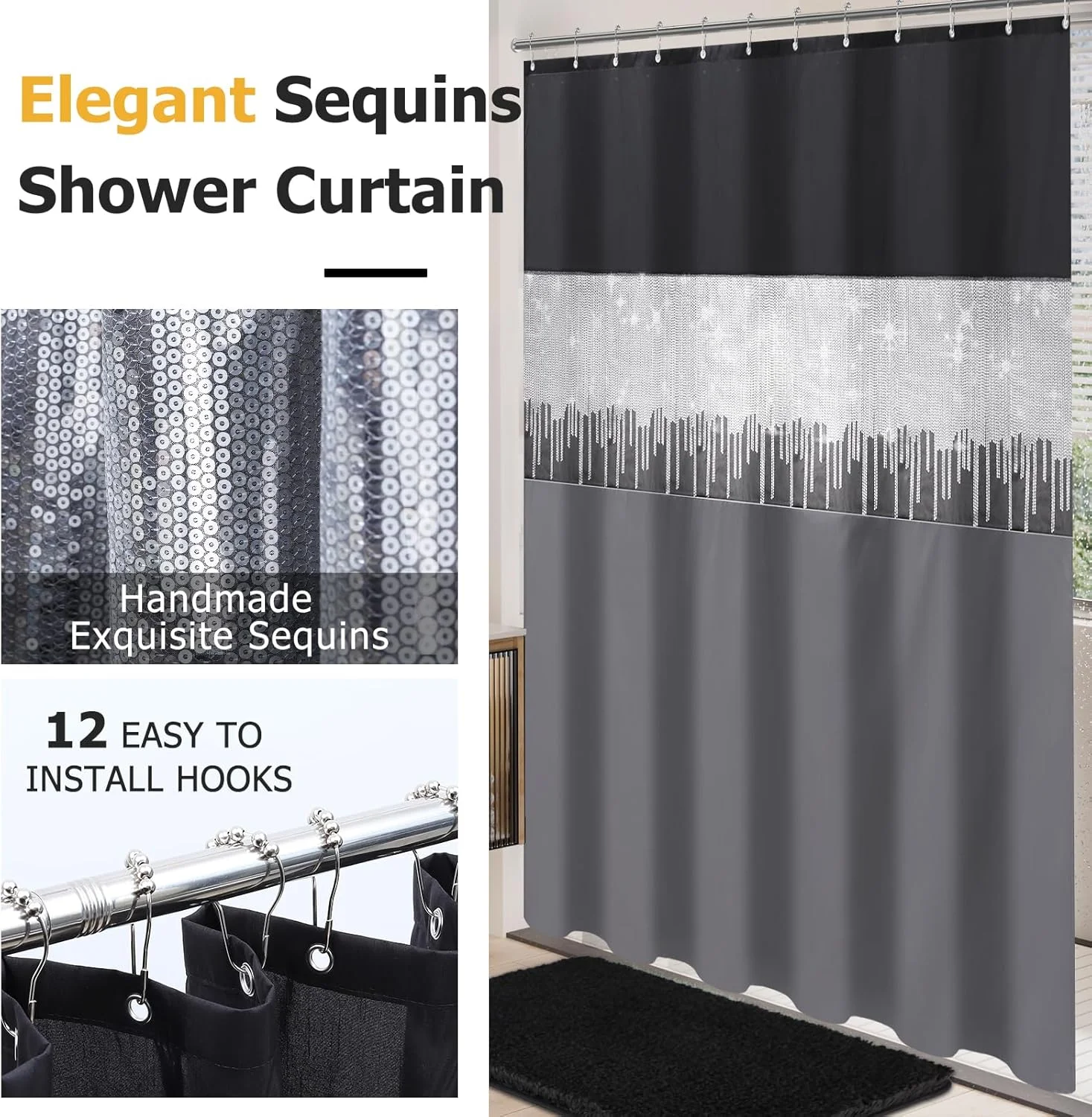 ست لوازم حمام XLHOMO با پرده حمام و پادری، ست 24 تکه مشکی با سطل زباله و لوازم جانبی