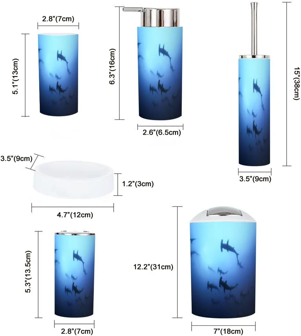 ست لوازم جانبی حمام 6 تکه طرح کوسه سرچکشی، کوسه پرستار، کوسه سفید شامل جا مسواکی، لیوان مسواک، جا مایع صابون، جا صابونی، جا برس توالت، سطل زباله، wunsKDnjyNjid-6j