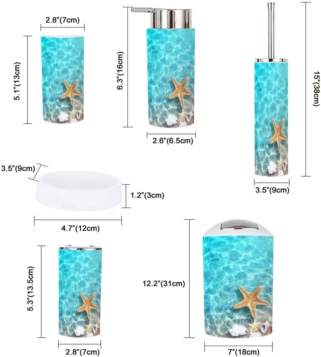 ست لوازم جانبی حمام 6 تکه طرح ستاره دریایی، صدف، ساحل تابستانی، آب دریا، جا مسواکی، لیوان مسواک، جا مایع صابون، جا صابونی، جا برس توالت، سطل زباله