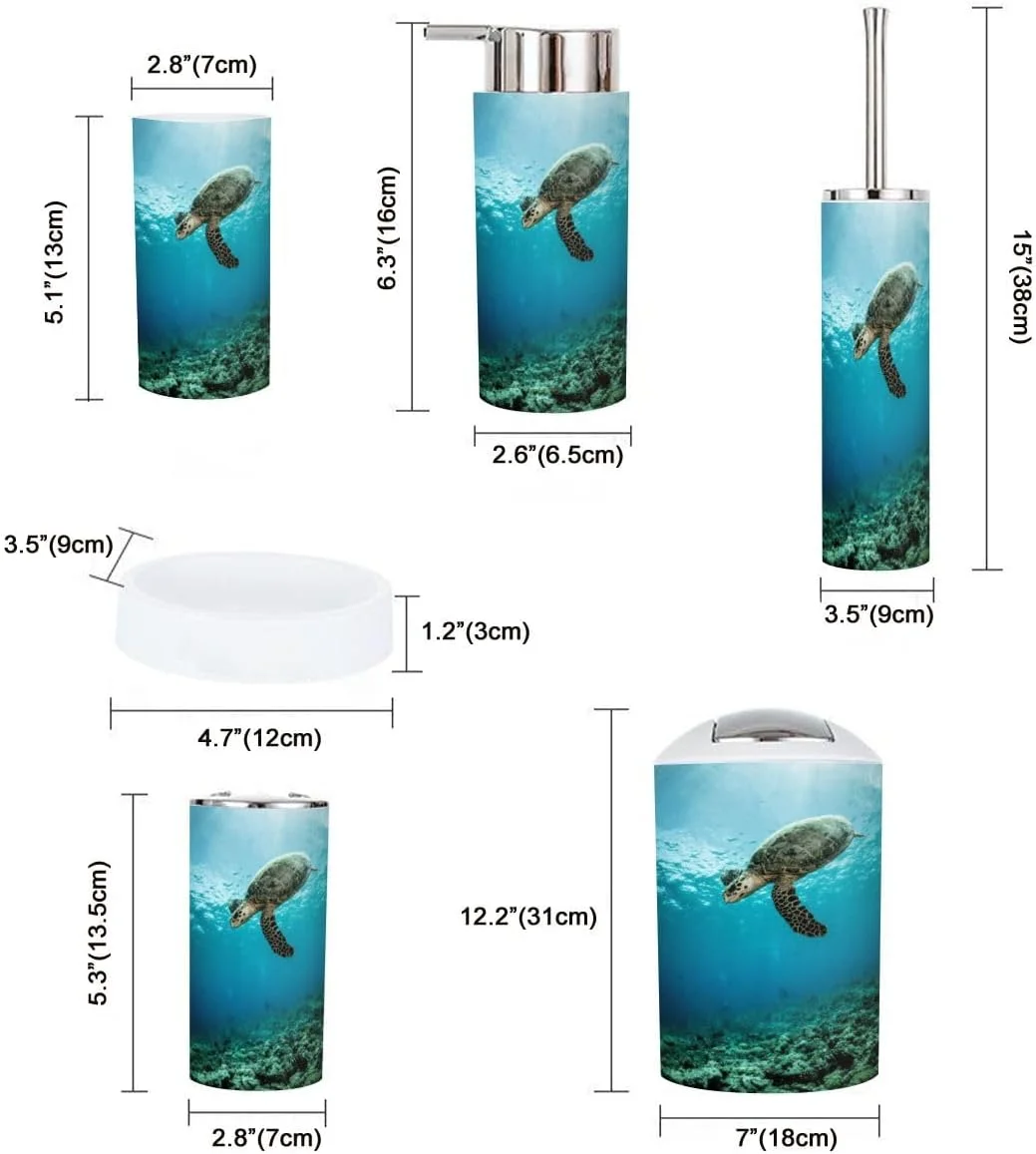ست لوازم جانبی حمام XNGJEMVWXO، 6 تکه، طرح لاک پشت پالائو شامل جا مسواکی، لیوان مسواک، جا مایع صابون، جا صابونی، جا برس توالت و سطل زباله ست لوازم جانبی حمام XNGJEMVWXO، 6 تکه، طرح لاک پشت پالائو شامل جا مسواکی، لیوان مسواک، جا مایع صابون، جا صابونی، جا برس توالت و سطل زباله