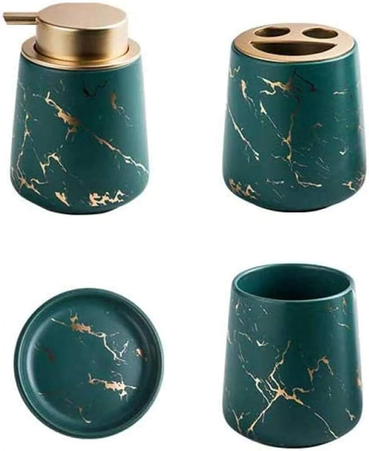 ست شستشو، ست لوازم جانبی حمام سرامیکی، ست 4 تکه لوازم جانبی حمام، لوازم خانگی، بطری لوسیون مرمری، جا مسواکی، جای صابون - سبز