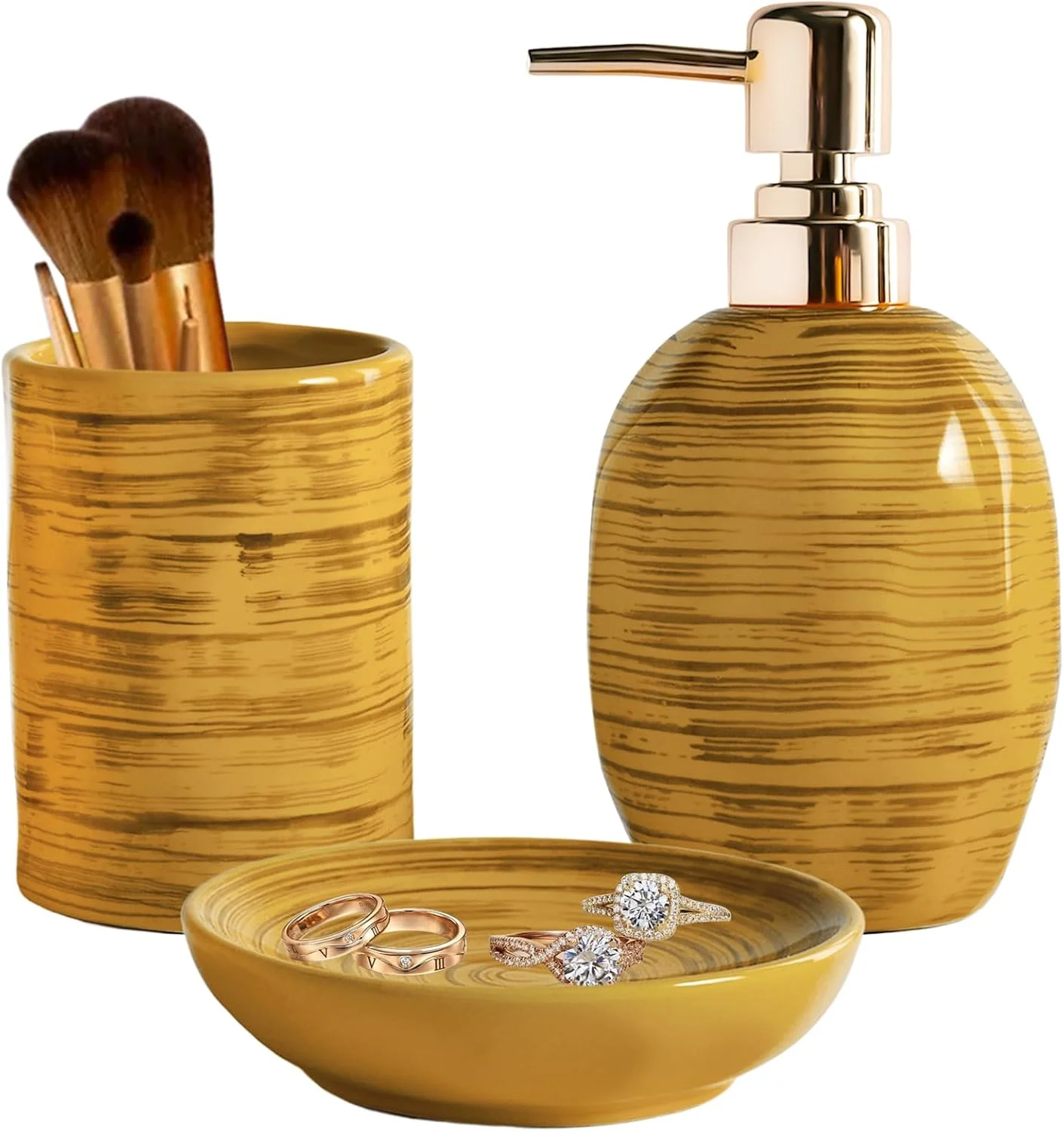 ست لوازم جانبی حمام YabcY، ست 3 تکه با طرح سنگ مرمر شامل جای مایع دستشویی و جا مسواکی، مناسب برای دکوراسیون آپارتمان و سرویس بهداشتی، ست سرامیکی، هدیه خاص، زرد