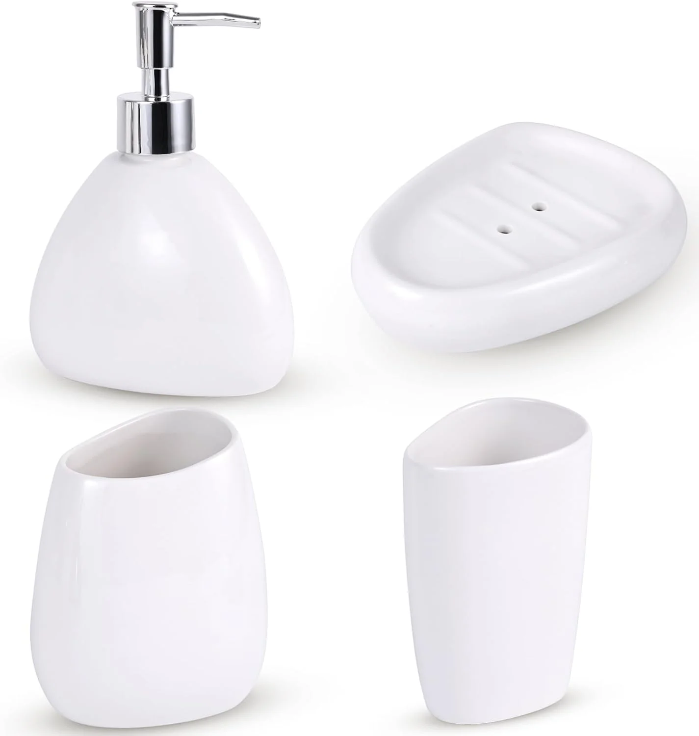 ست لوازم سرامیکی آبکاری شده 4 تکه زیبا برای حمام، شامل جا مایع لوسیون، لیوان دهانشویه، جا صابونی، جا مسواکی، ست دکوری مدرن حمام (سفید)