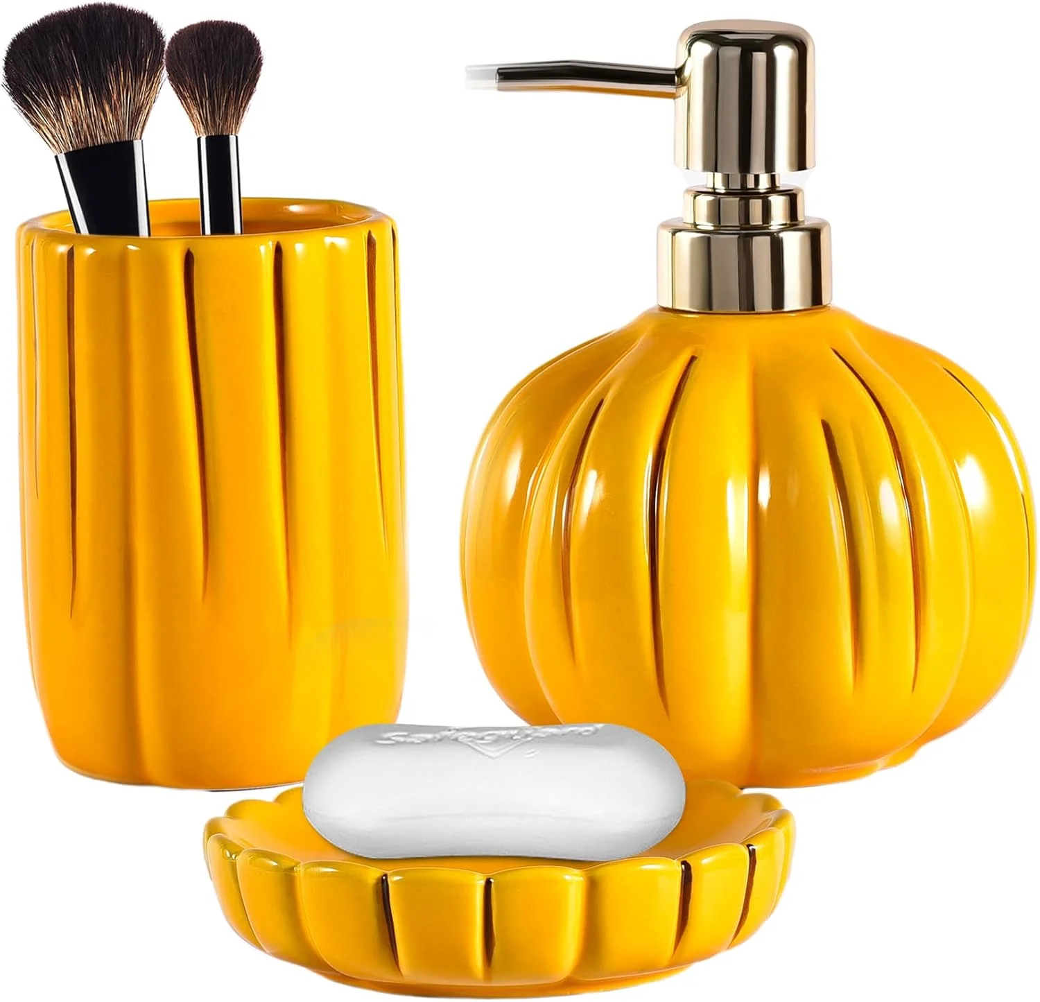 ست لوازم جانبی سرامیکی 3 تکه YabcY، ست لوازم تزئینی رومیزی حمام، طرح کدو تنبل، زرد