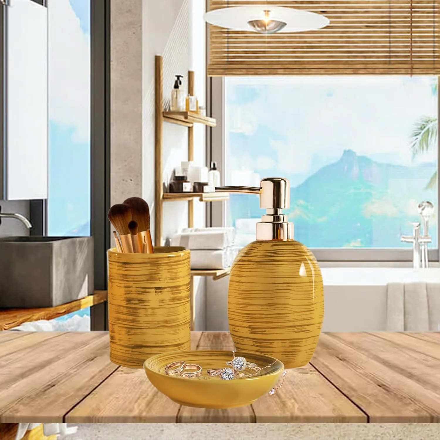 ست لوازم جانبی حمام YabcY، ست 3 تکه با طرح سنگ مرمر شامل جای مایع دستشویی و جا مسواکی، مناسب برای دکوراسیون آپارتمان و سرویس بهداشتی، ست سرامیکی، هدیه خاص، زرد ست لوازم جانبی حمام YabcY، ست 3 تکه با طرح سنگ مرمر شامل جای مایع دستشویی و جا مسواکی، مناسب برای دکوراسیون آپارتمان و سرویس بهداشتی، ست سرامیکی، هدیه خاص، زرد