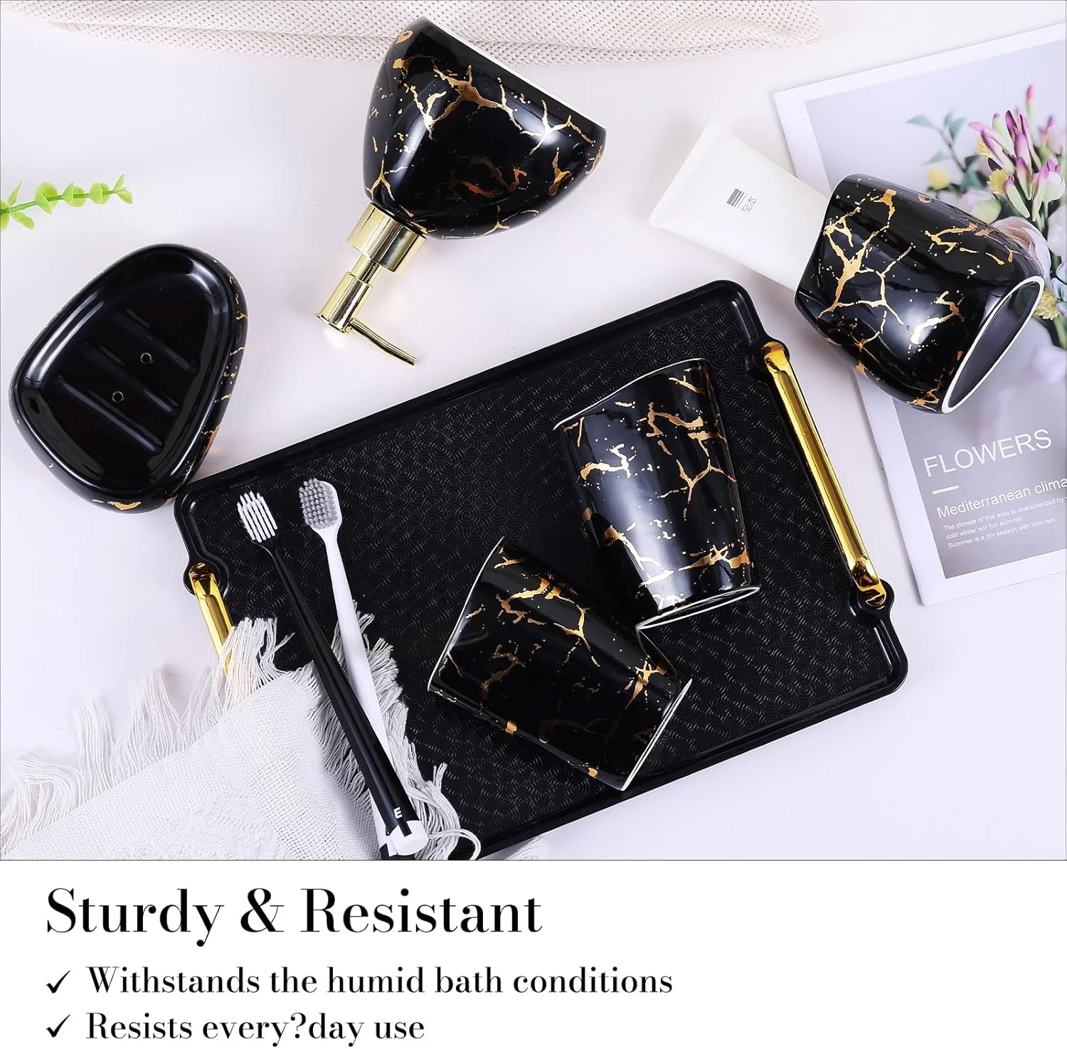 ست لوازم سرامیکی شیک 6 تکه برای حمام، شامل جا لوسیون، لیوان دهانشویه، بشقاب آرایش، جا صابونی، جا مسواکی و سینی، ست دکوراسیون مدرن حمام (مشکی) ست لوازم سرامیکی شیک 6 تکه برای حمام، شامل جا لوسیون، لیوان دهانشویه، بشقاب آرایش، جا صابونی، جا مسواکی و سینی، ست دکوراسیون مدرن حمام (مشکی)