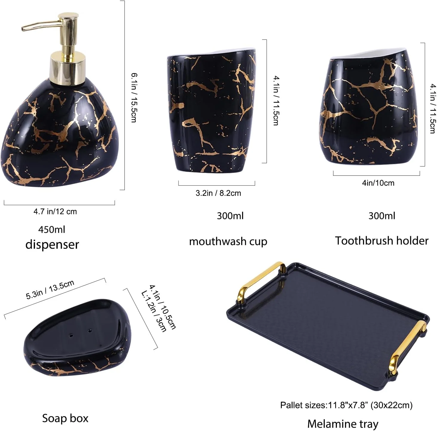 ست لوازم سرامیکی شیک 6 تکه برای حمام، شامل جا مایع لوسیون، لیوان دهانشویه، بشقاب آرایش، جا صابونی، جا مسواکی و سینی، ست دکوراسیون مدرن حمام (مشکی) ست لوازم سرامیکی شیک 6 تکه برای حمام، شامل جا مایع لوسیون، لیوان دهانشویه، بشقاب آرایش، جا صابونی، جا مسواکی و سینی، ست دکوراسیون مدرن حمام (مشکی)