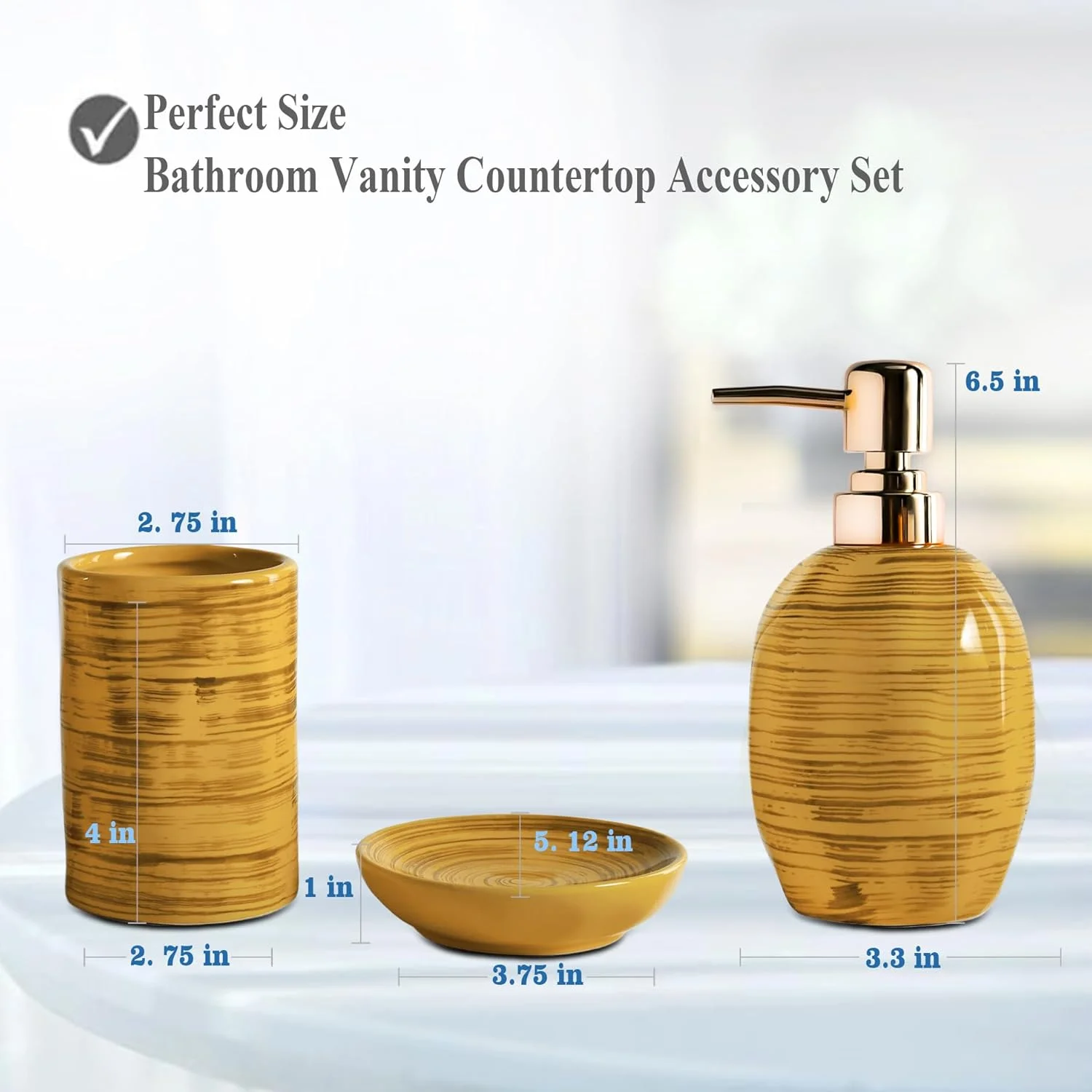 ست لوازم جانبی حمام YabcY، ست 3 تکه با طرح سنگ مرمر شامل جای مایع دستشویی و جا مسواکی، مناسب برای دکوراسیون آپارتمان و سرویس بهداشتی، ست سرامیکی، هدیه خاص، زرد ست لوازم جانبی حمام YabcY، ست 3 تکه با طرح سنگ مرمر شامل جای مایع دستشویی و جا مسواکی، مناسب برای دکوراسیون آپارتمان و سرویس بهداشتی، ست سرامیکی، هدیه خاص، زرد