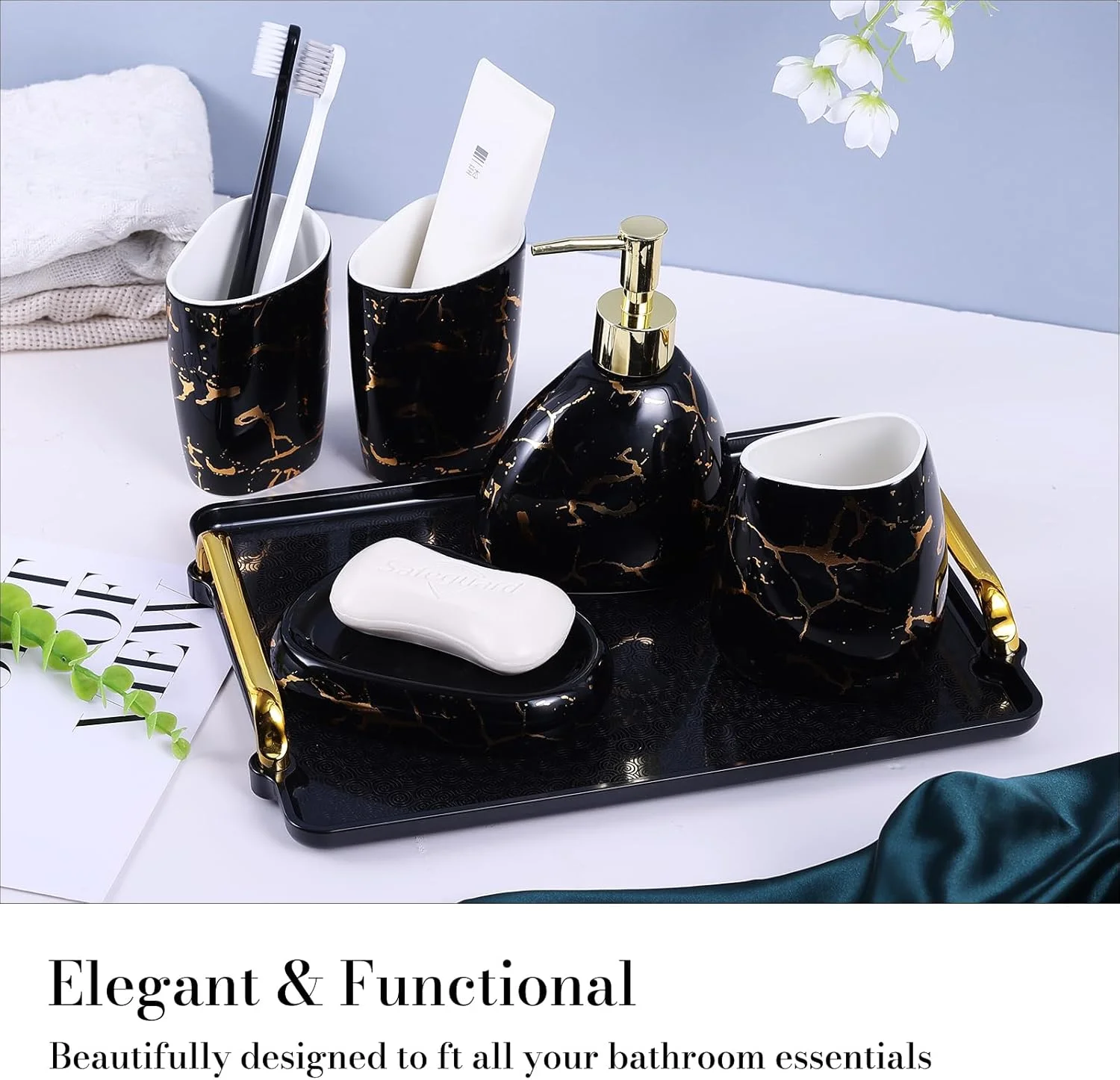 ست لوازم سرامیکی شیک 6 تکه برای حمام، شامل جا لوسیون، لیوان دهانشویه، بشقاب آرایش، جا صابونی، جا مسواکی و سینی، ست دکوراسیون مدرن حمام (مشکی) ست لوازم سرامیکی شیک 6 تکه برای حمام، شامل جا لوسیون، لیوان دهانشویه، بشقاب آرایش، جا صابونی، جا مسواکی و سینی، ست دکوراسیون مدرن حمام (مشکی)