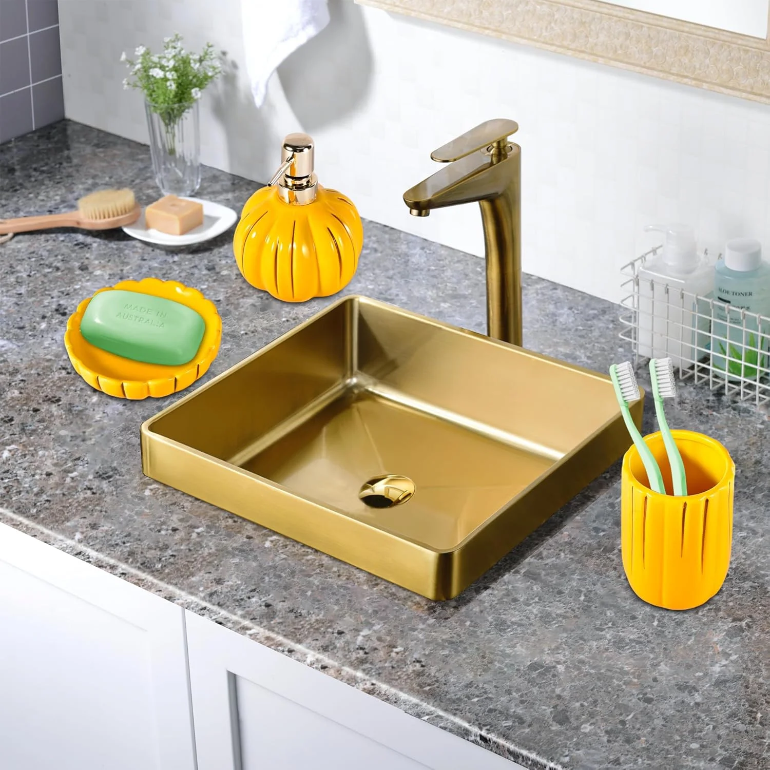 ست لوازم جانبی سرامیکی 3 تکه YabcY، ست لوازم تزئینی رومیزی حمام، طرح کدو تنبل، زرد ست لوازم جانبی سرامیکی 3 تکه YabcY، ست لوازم تزئینی رومیزی حمام، طرح کدو تنبل، زرد