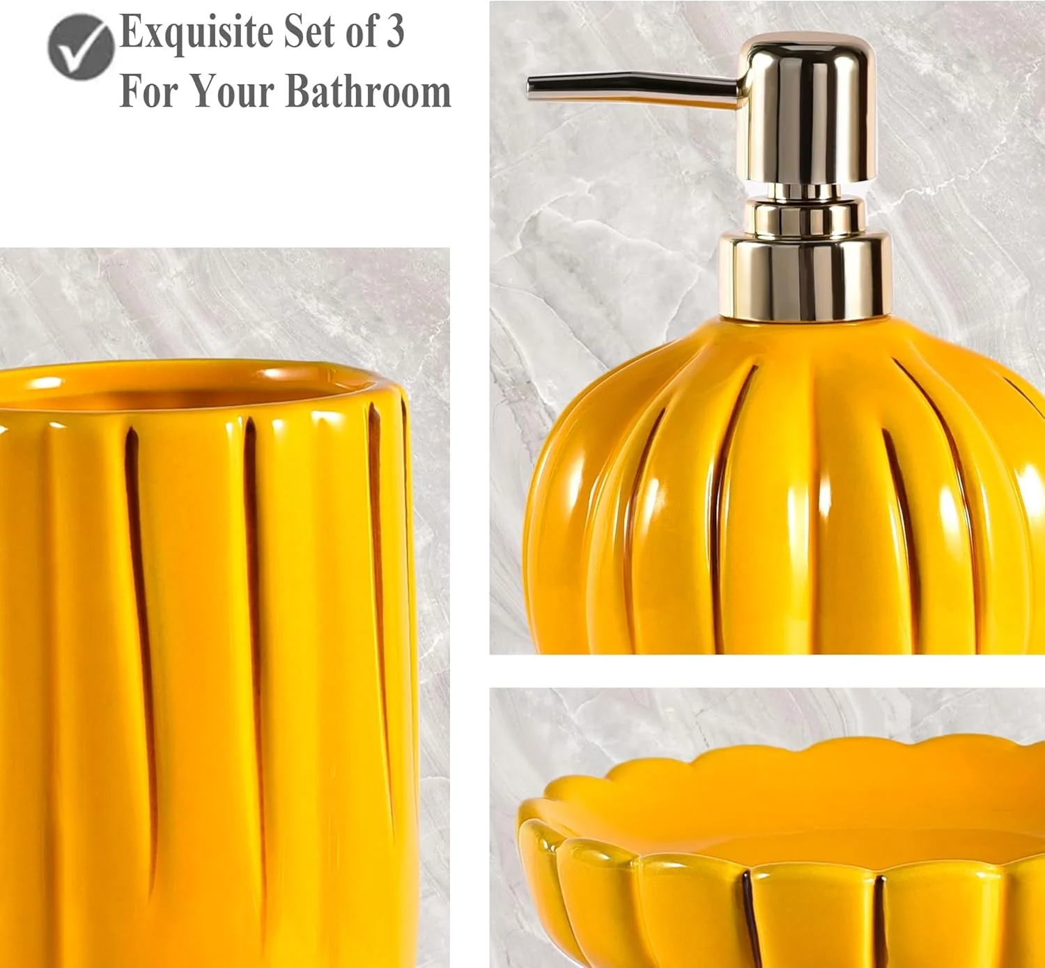 ست لوازم جانبی سرامیکی 3 تکه YabcY، ست لوازم تزئینی رومیزی حمام، طرح کدو تنبل، زرد ست لوازم جانبی سرامیکی 3 تکه YabcY، ست لوازم تزئینی رومیزی حمام، طرح کدو تنبل، زرد