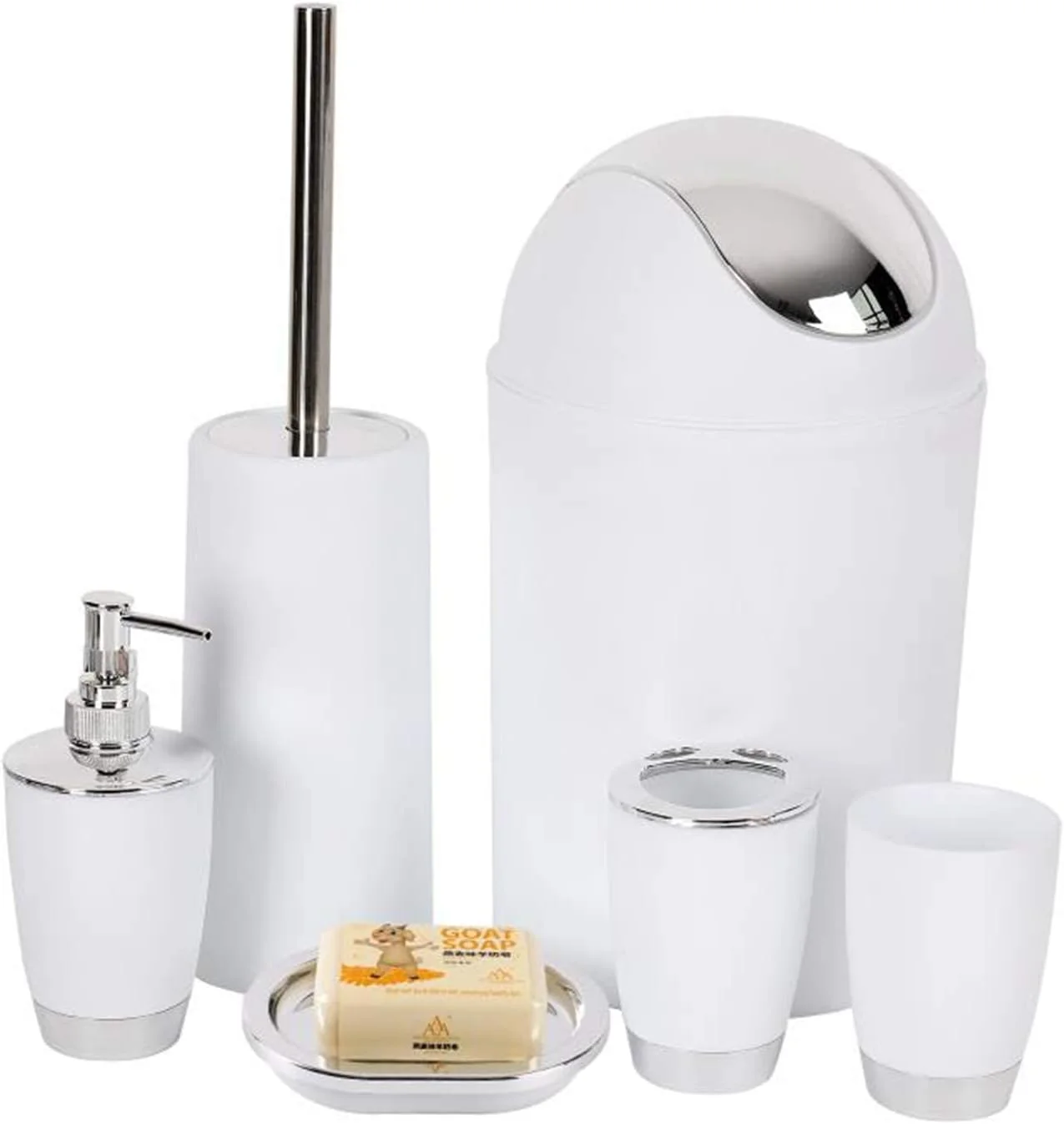 ست لوازم جانبی پلاستیکی حمام YCOCO شامل 6 تکه، شامل جای مایع دستشویی، جا مسواکی، لیوان مسواک، جا صابونی، برس توالت، سطل زباله، سفید