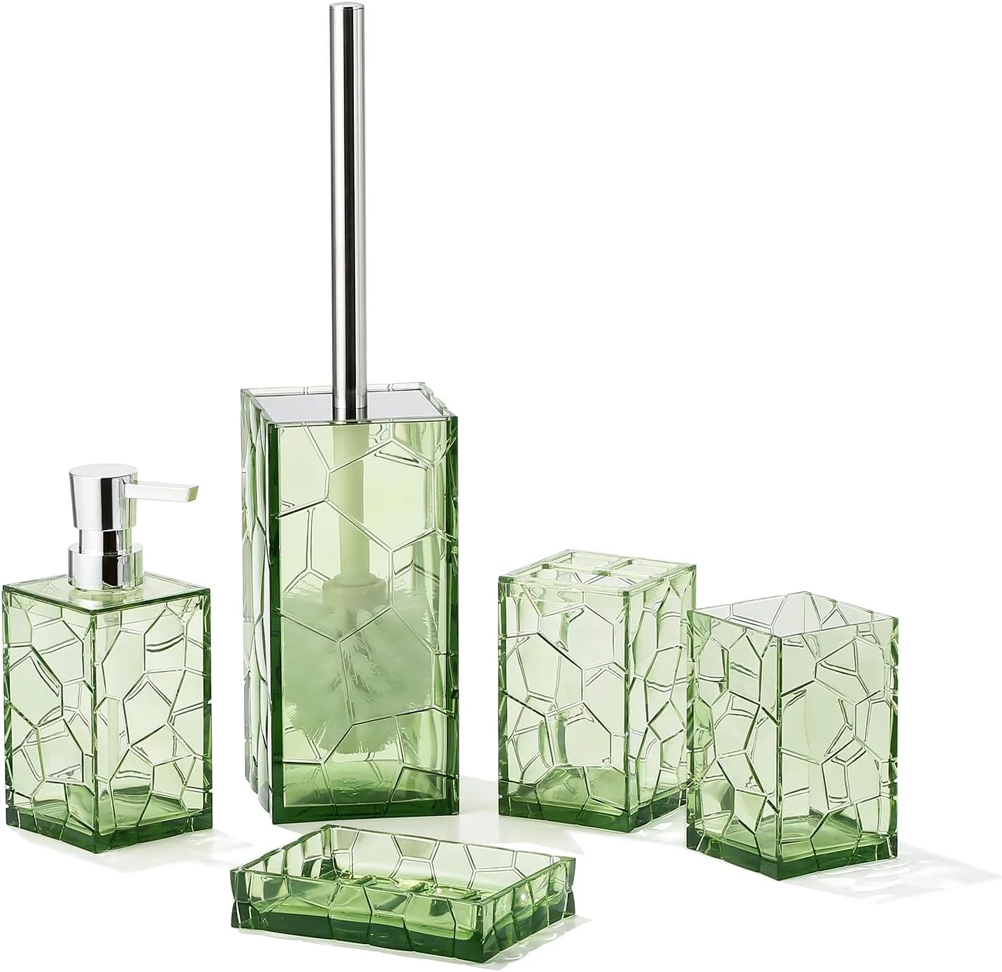 ست لوازم جانبی حمام اکریلیک شفاف - طراحی ضد زنگ و شفاف - شامل جای مایع دستشویی، جا مسواکی، لیوان، جا صابونی و برس توالت 5 تکه (سبز ساگا)