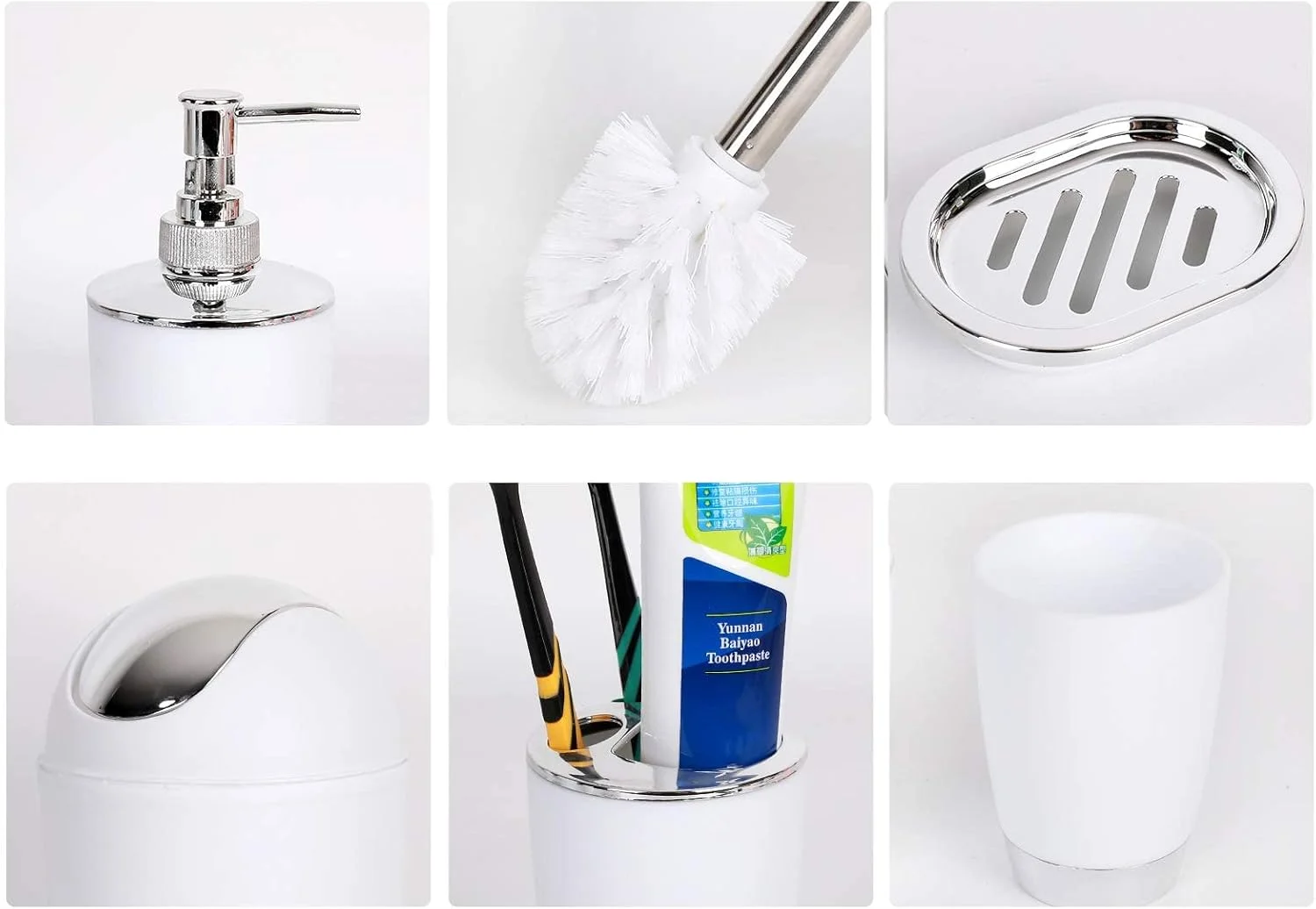 ست لوازم جانبی پلاستیکی حمام YCOCO شامل 6 تکه، شامل جای مایع دستشویی، جا مسواکی، لیوان مسواک، جا صابونی، برس توالت، سطل زباله، سفید