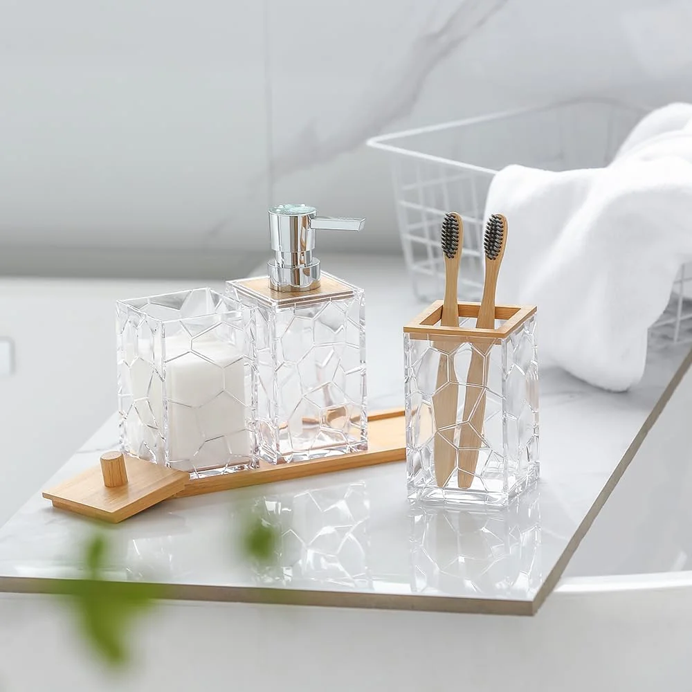 ست لوازم جانبی حمام بوهمی YAUKPH با سینی، جا مایع دستشویی بامبو، جا مسواکی، جعبه پنبه، اکریلیک شفاف ست لوازم جانبی حمام بوهمی YAUKPH با سینی، جا مایع دستشویی بامبو، جا مسواکی، جعبه پنبه، اکریلیک شفاف