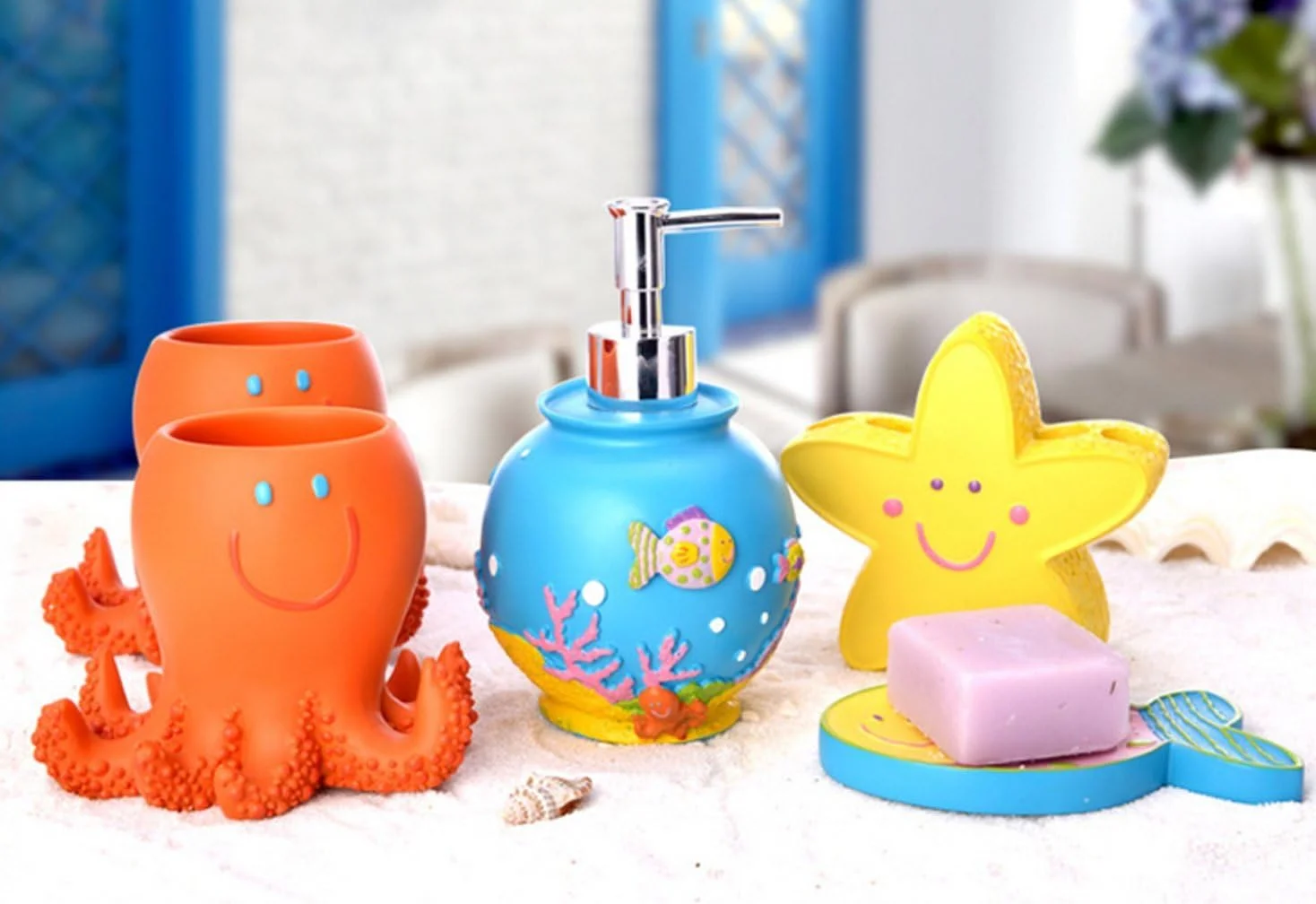 ست لوازم جانبی حمام طرح ماهی بامزه، 5 تکه، جنس رزین، مناسب برای کودکان و دکوراسیون منزل