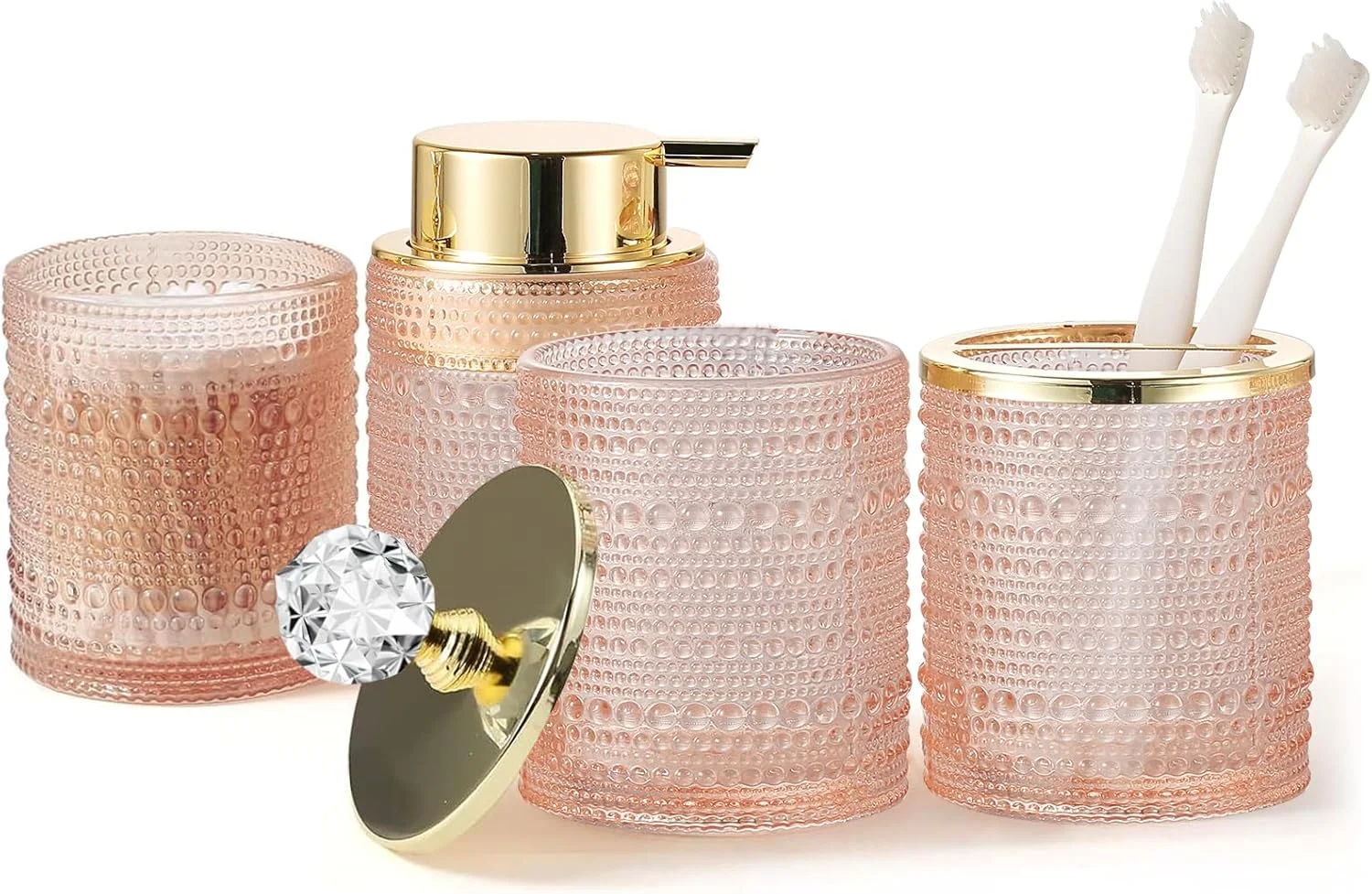 ست لوازم جانبی حمام شیشه ای صورتی YCWF با پخش کننده صابون فوم ساز، ست 4 تکه نگهدارنده مسواک سینک روشویی حمام شامل پخش کننده صابون فوم ساز، لیوان، نگهدارنده مسواک و جا پنبه ای