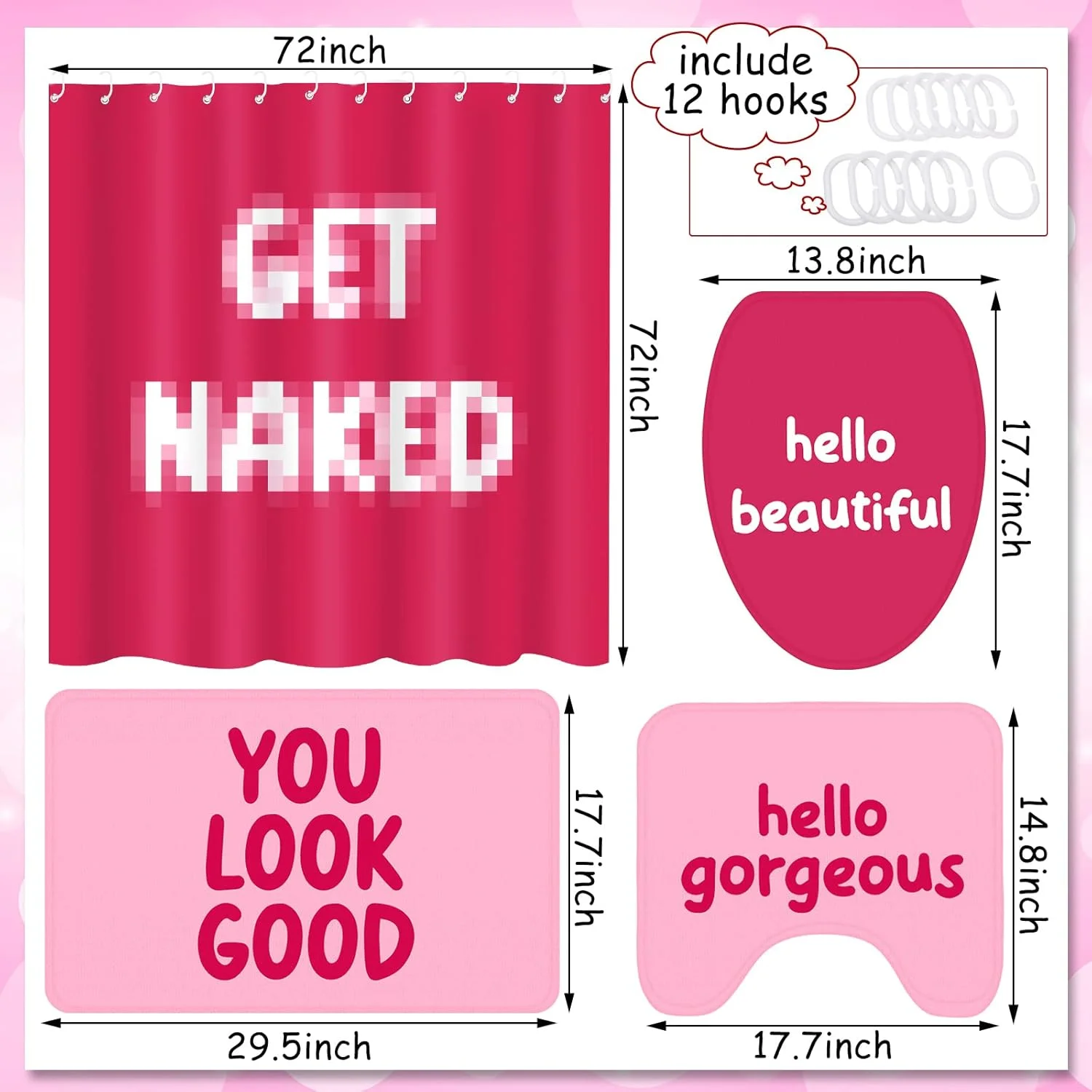 ست 4 تکه حمام طرح دار شامل پرده حمام، پادری، فرش U شکل و روکش درب توالت، قلاب - عمدتاً صورتی و گل رز - پلی استر - طرح قدیمی