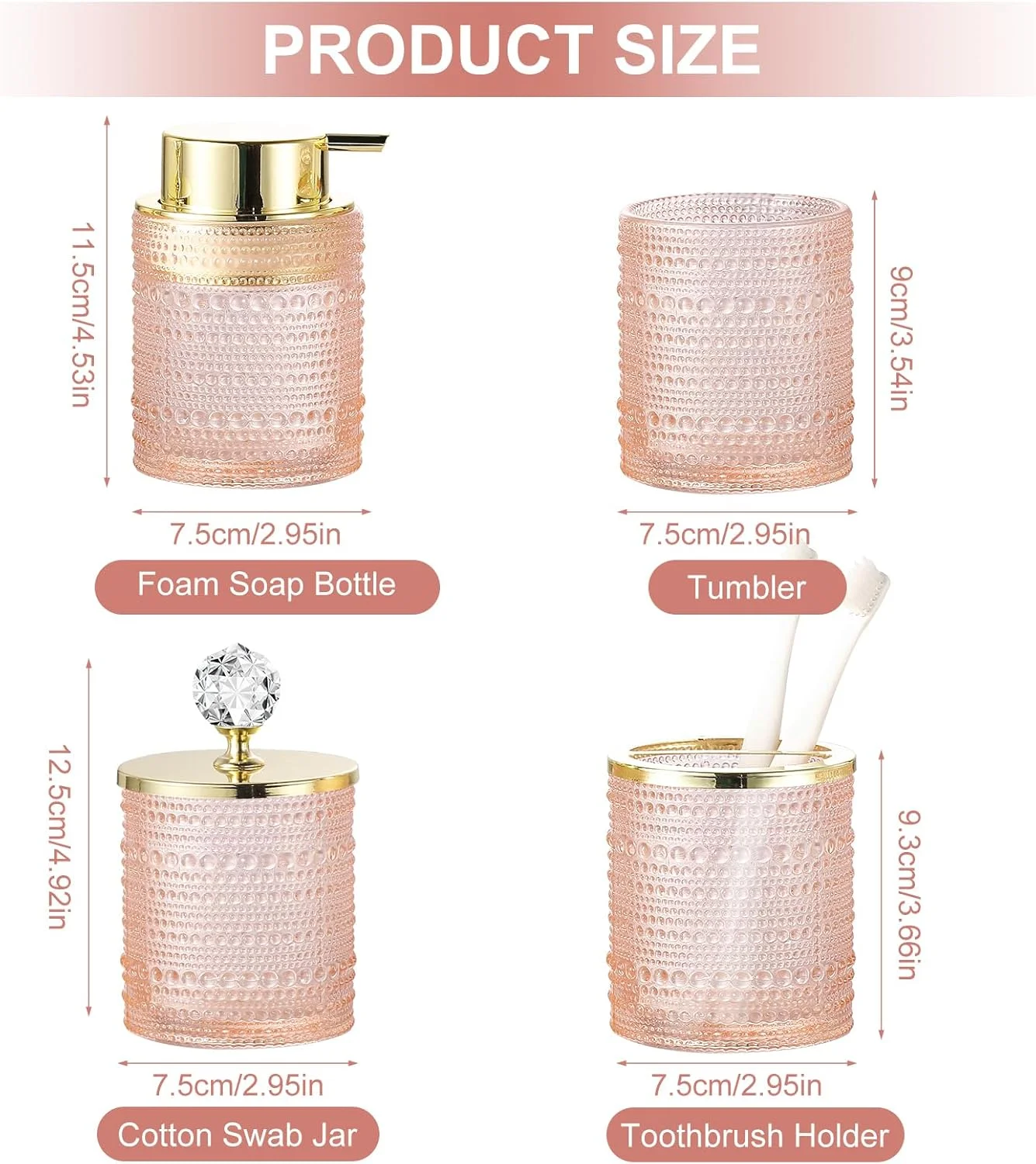 ست لوازم جانبی حمام شیشه ای صورتی YCWF با پخش کننده صابون فوم ساز، ست 4 تکه نگهدارنده مسواک سینک روشویی حمام شامل پخش کننده صابون فوم ساز، لیوان، نگهدارنده مسواک و جا پنبه ای