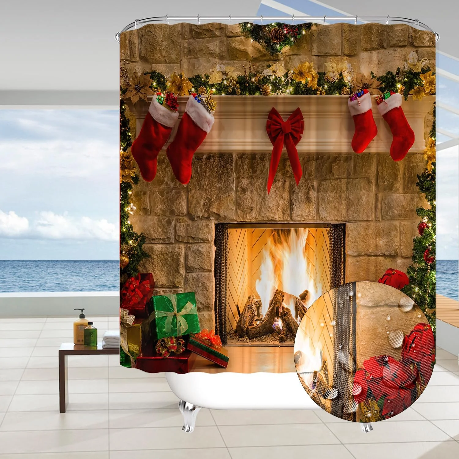 ست پرده حمام شومینه کریسمس 4 تکه Yddsky، ست پرده حمام جوراب ساق بلند درخت کریسمس با فرش، روکش درب توالت و پادری برای دکوراسیون ست حمام تم دکوراسیون حمام کریسمس