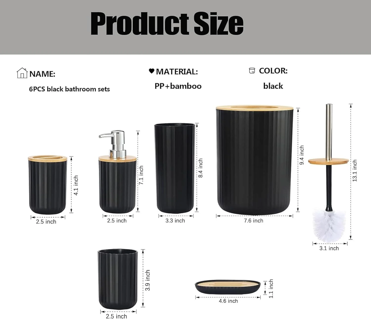 ست لوازم جانبی حمام 6 تکه Yk، لوازم ضروری کامل شامل برس توالت، جا مایع صابون، جا مسواکی، لیوان، جای صابون، سطل زباله - طراحی مدرن برای دکوراسیون حمام معاصر (گرد مشکی)