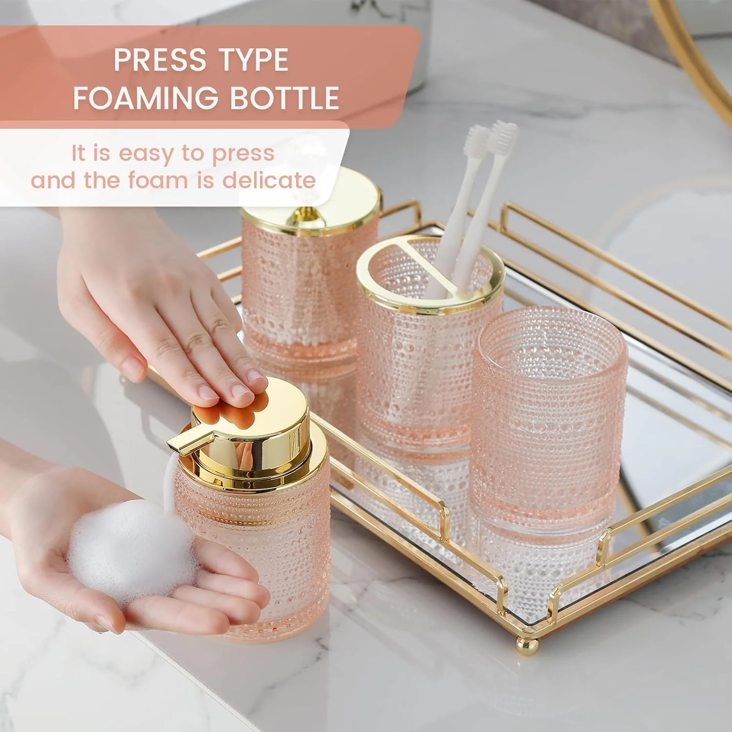 ست لوازم جانبی حمام شیشه ای صورتی YCWF با پخش کننده صابون فوم ساز، ست 4 تکه نگهدارنده مسواک سینک روشویی حمام شامل پخش کننده صابون فوم ساز، لیوان، نگهدارنده مسواک و جا پنبه ای