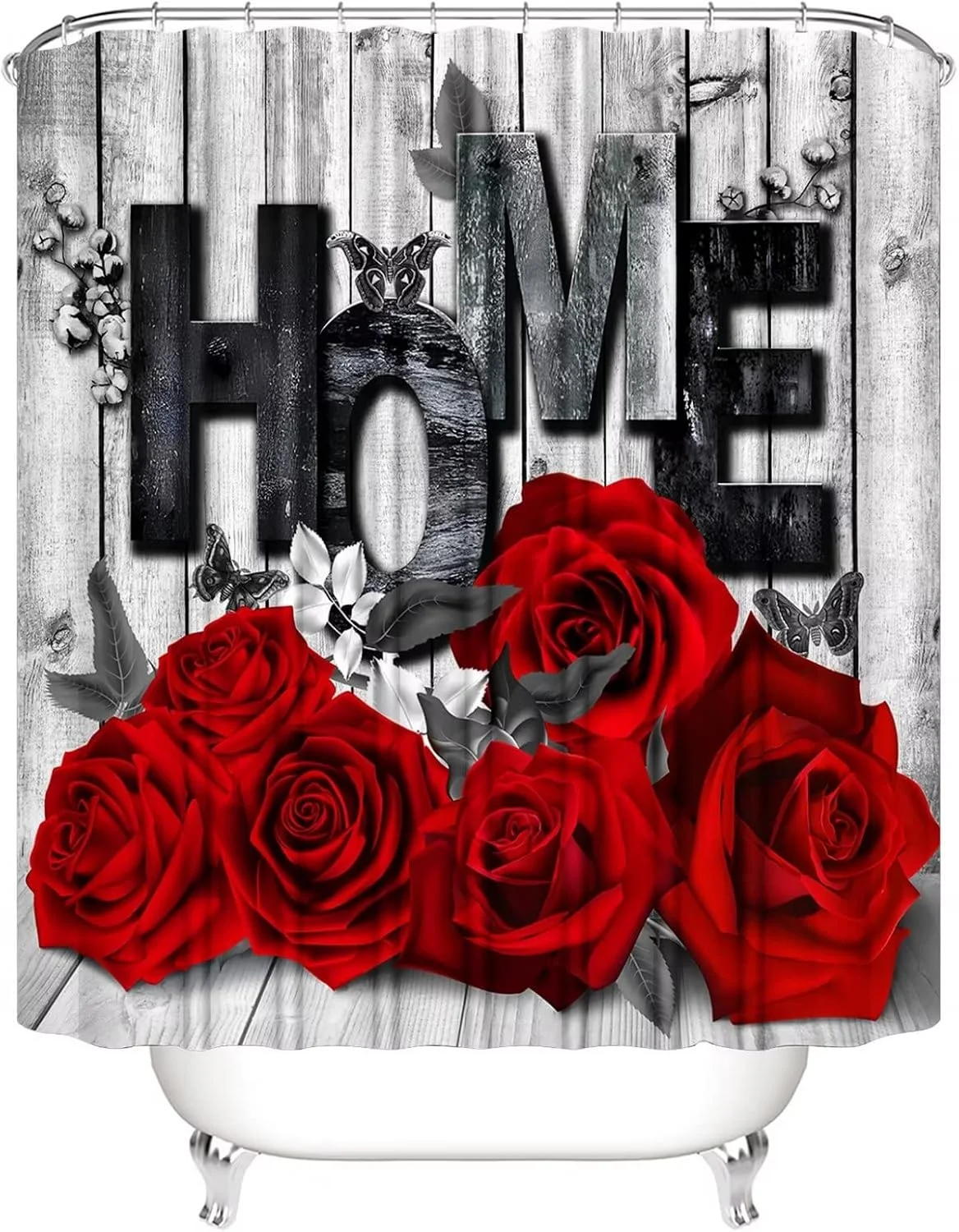 ست پرده حمام 4 تکه با طرح گل رز قرمز، شامل فرش ضد لغزش، پادری حمام، روکش توالت و پادری U شکل، پرده حمام مشکی و قرمز با 12 عدد قلاب، ست حمام گل رز قرمز