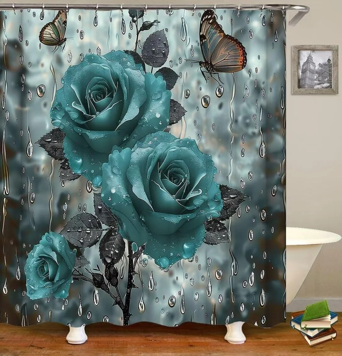 ست پرده حمام 4 تکه Yizheer، ست های حمام با پادری (پادری حمام، پادری U شکل و روکش درب توالت) و 12 عدد قلاب، طرح پروانه بارانی گل رز آبی