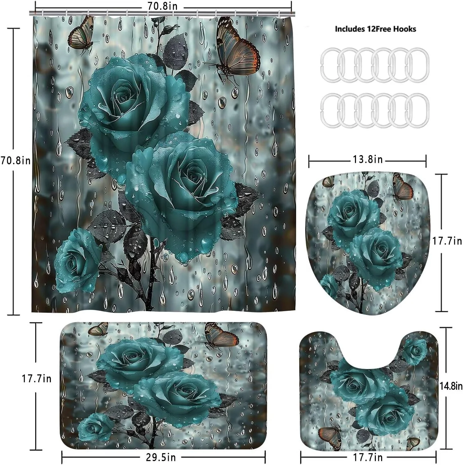 ست پرده حمام 4 تکه Yizheer، ست لوازم حمام با پادری (پادری حمام، پادری U شکل و روکش درب توالت فرنگی) و 12 عدد قلاب، طرح پروانه بارانی گل رز آبی