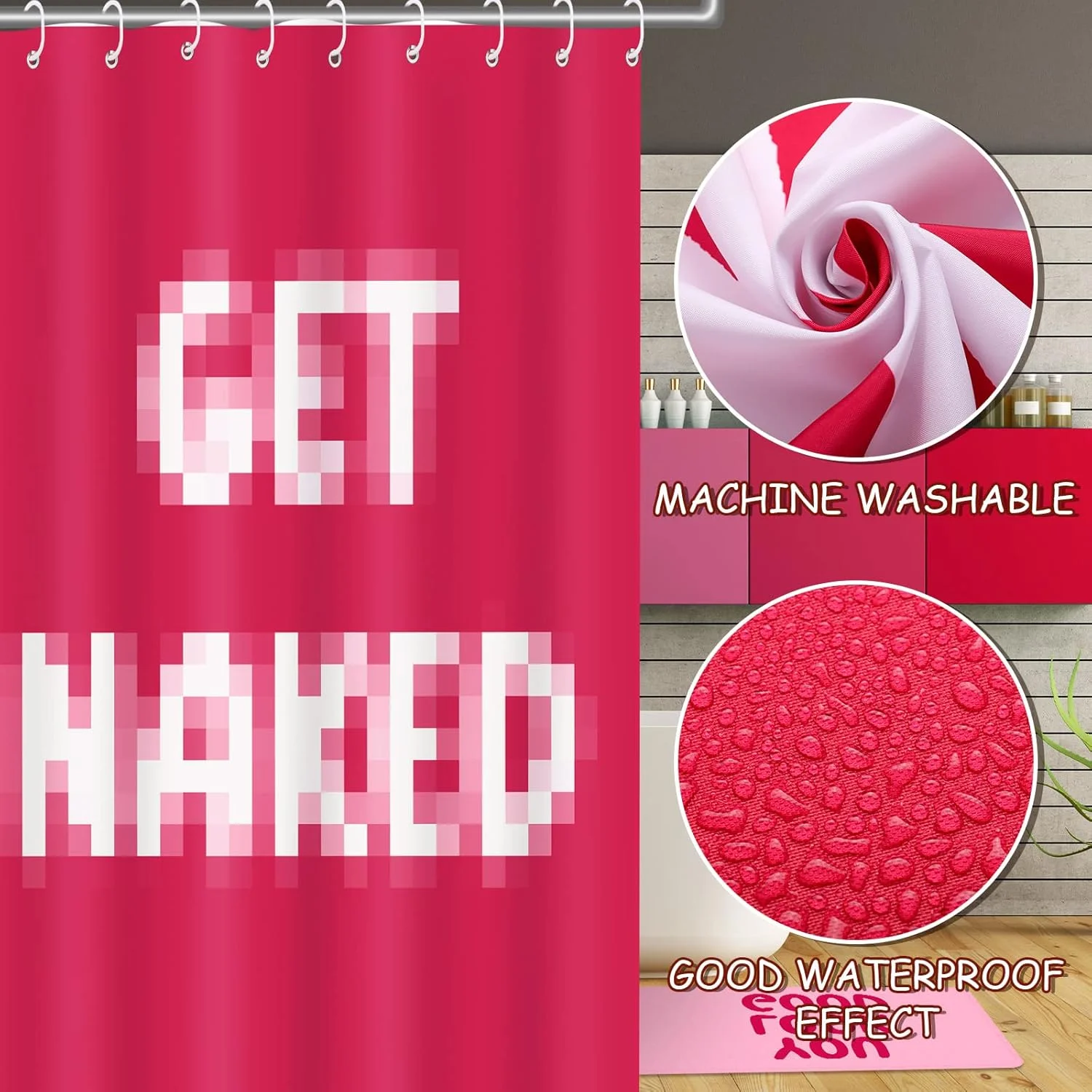 ست 4 تکه حمام طرح دار شامل پرده حمام، پادری، فرش U شکل و روکش درب توالت، قلاب - عمدتاً صورتی و گل رز - پلی استر - طرح قدیمی