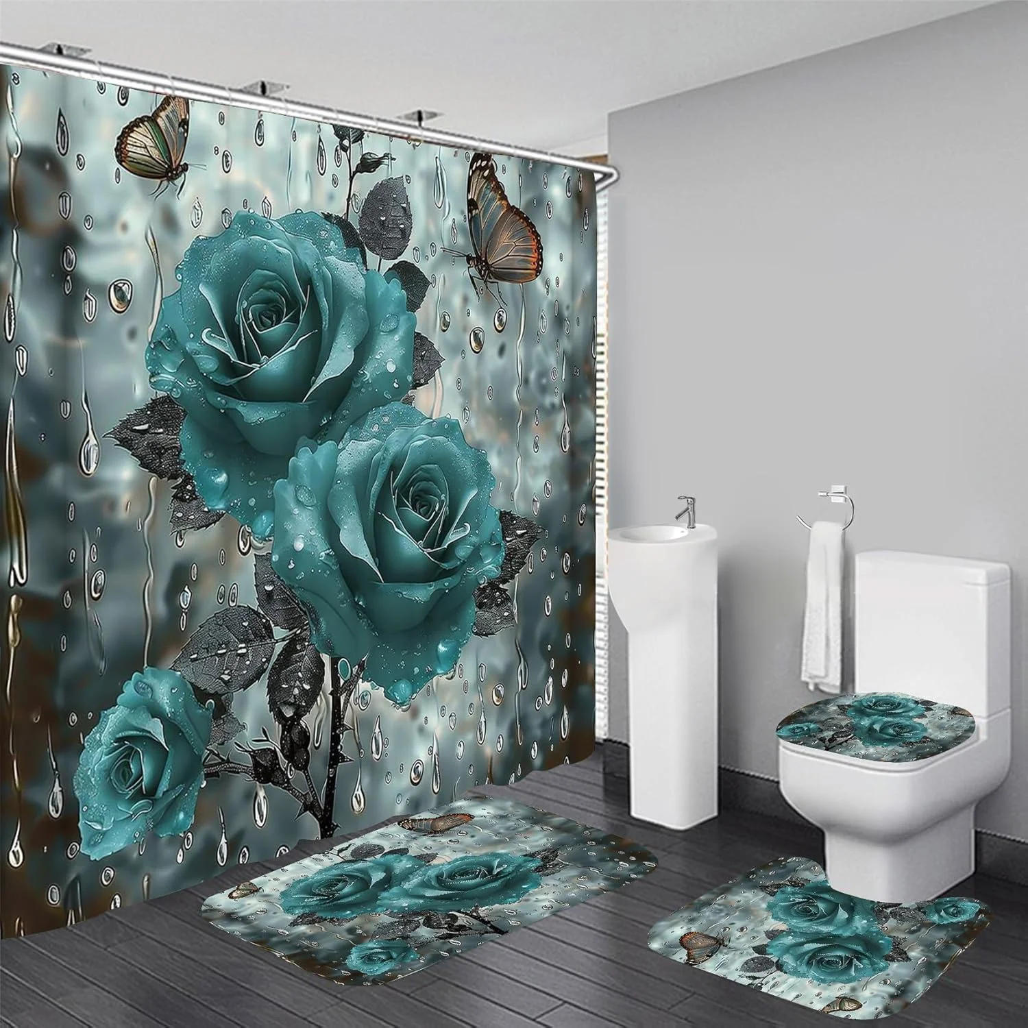 ست پرده حمام 4 تکه Yizheer، ست های حمام با پادری (پادری حمام، پادری U شکل و روکش درب توالت) و 12 عدد قلاب، طرح پروانه بارانی گل رز آبی