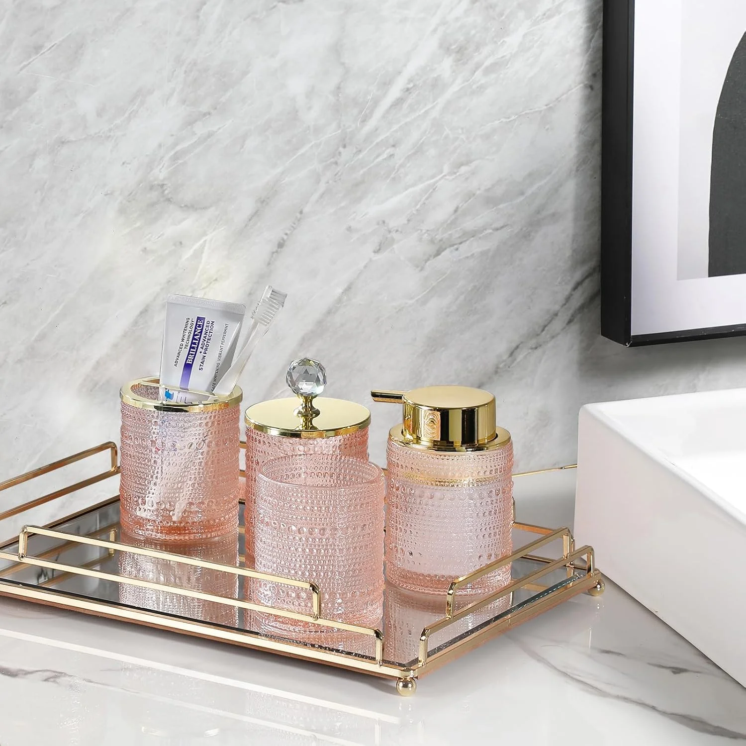 ست لوازم جانبی حمام شیشه ای صورتی YCWF با پخش کننده صابون فوم ساز، ست 4 تکه نگهدارنده مسواک سینک روشویی حمام شامل پخش کننده صابون فوم ساز، لیوان، نگهدارنده مسواک و جا پنبه ای