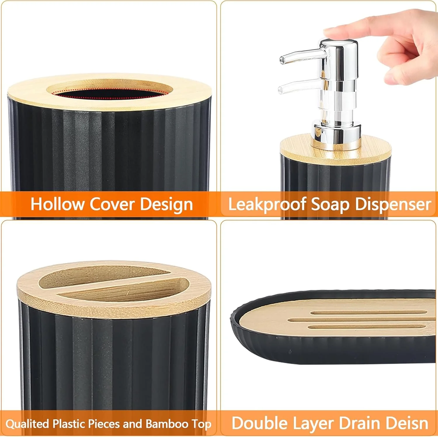 ست لوازم جانبی حمام 6 تکه Yk، لوازم ضروری کامل شامل برس توالت، جا مایع صابون، جا مسواکی، لیوان، جای صابون، سطل زباله - طراحی مدرن برای دکوراسیون حمام معاصر (گرد مشکی)